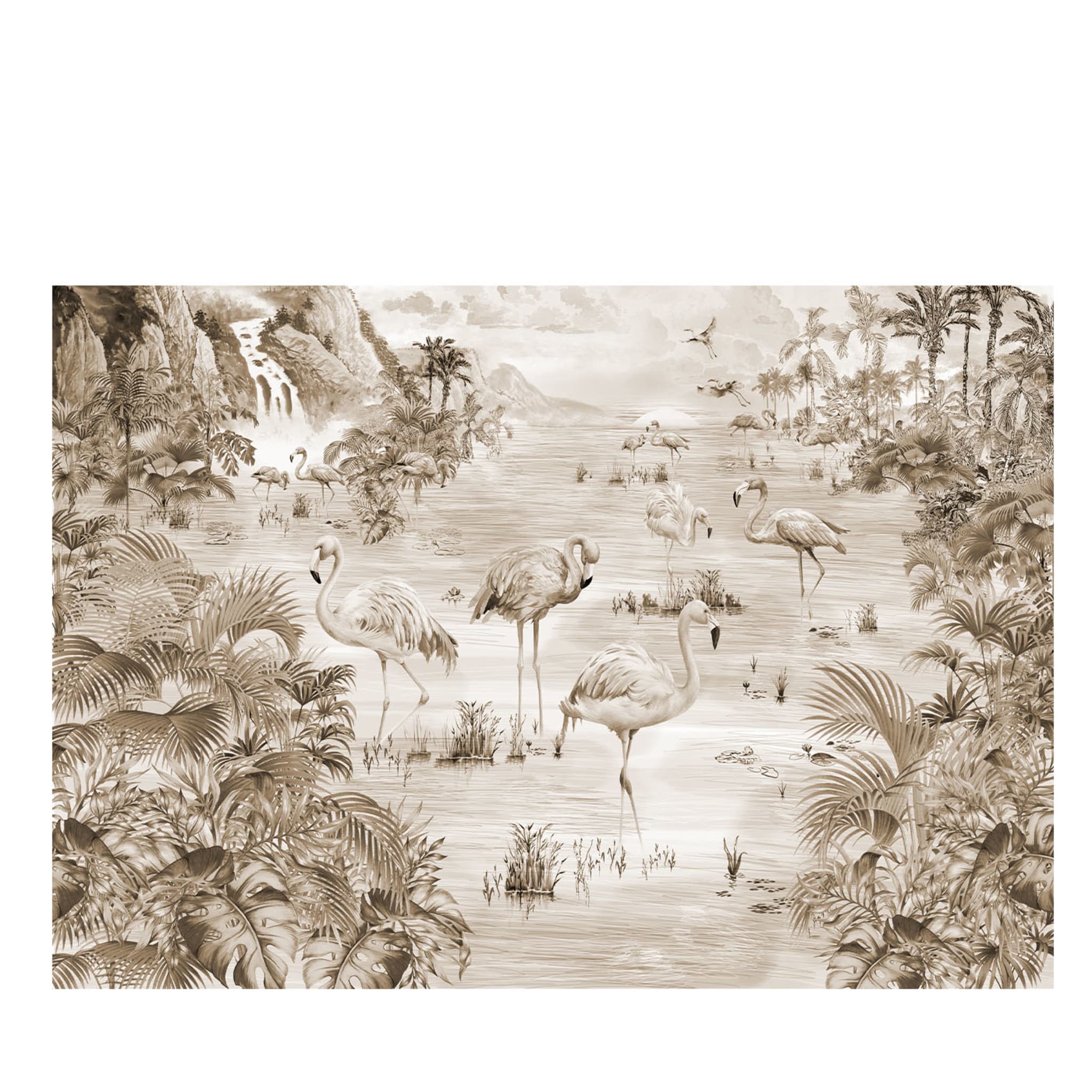 Papier peint texturé artisanal Flamingos Sepia - Vue principale