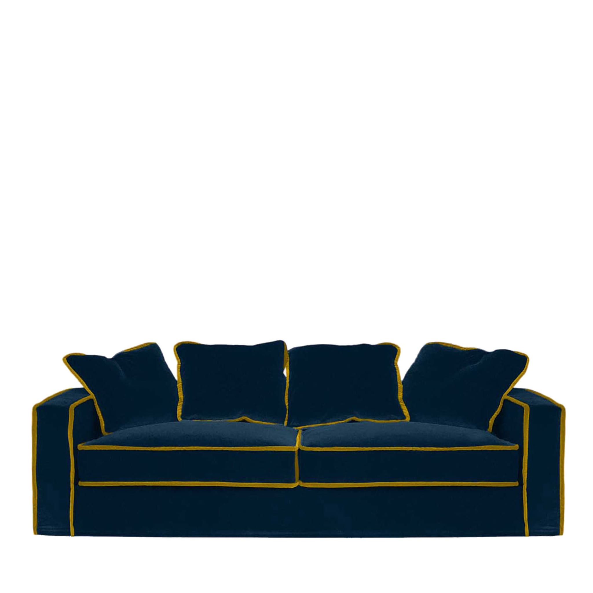Sofá de 3 plazas Rafaella de terciopelo azul noche y dorado - Vista principal
