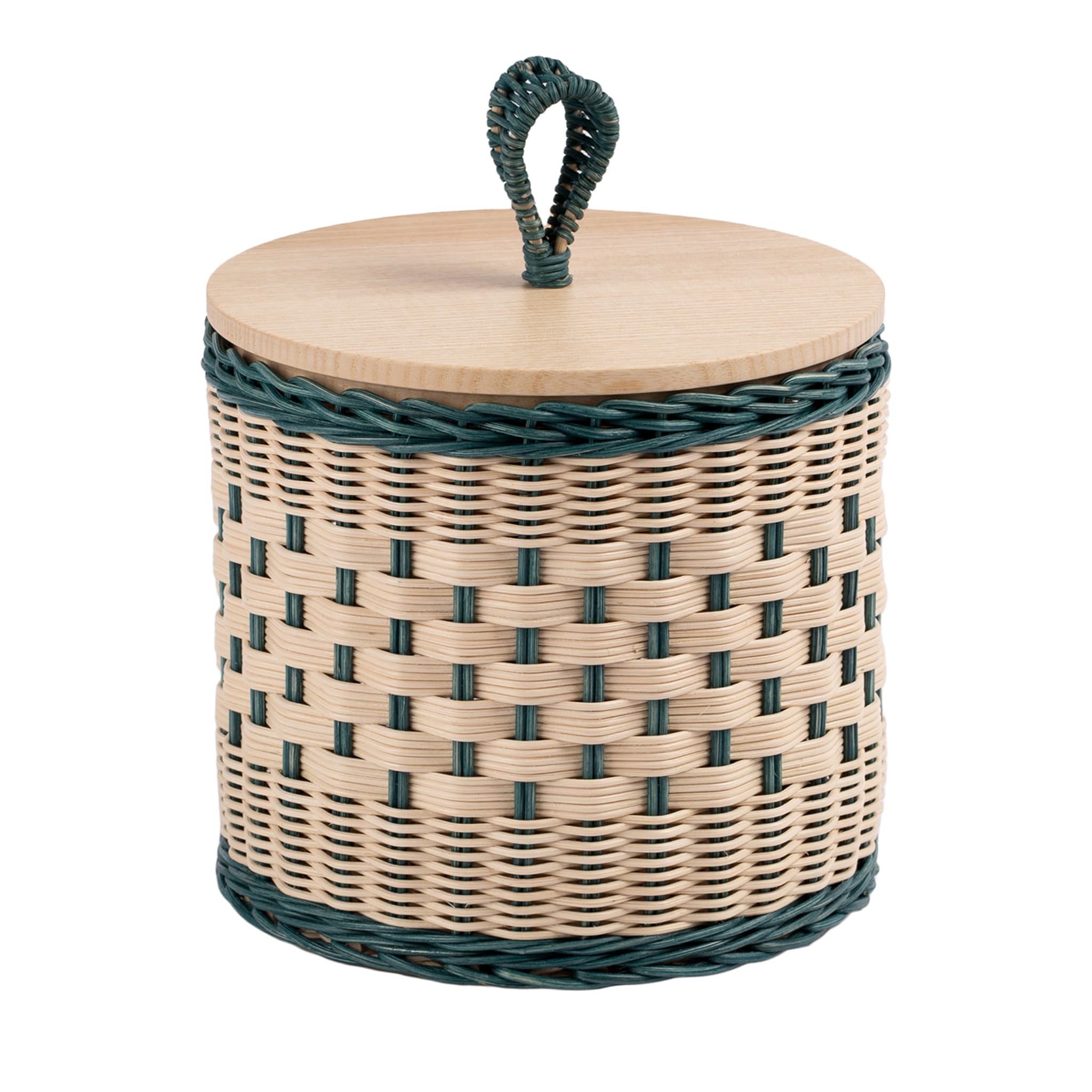 Perla Low Blue and Natural Wicker Jar with Wood Lid - Main view