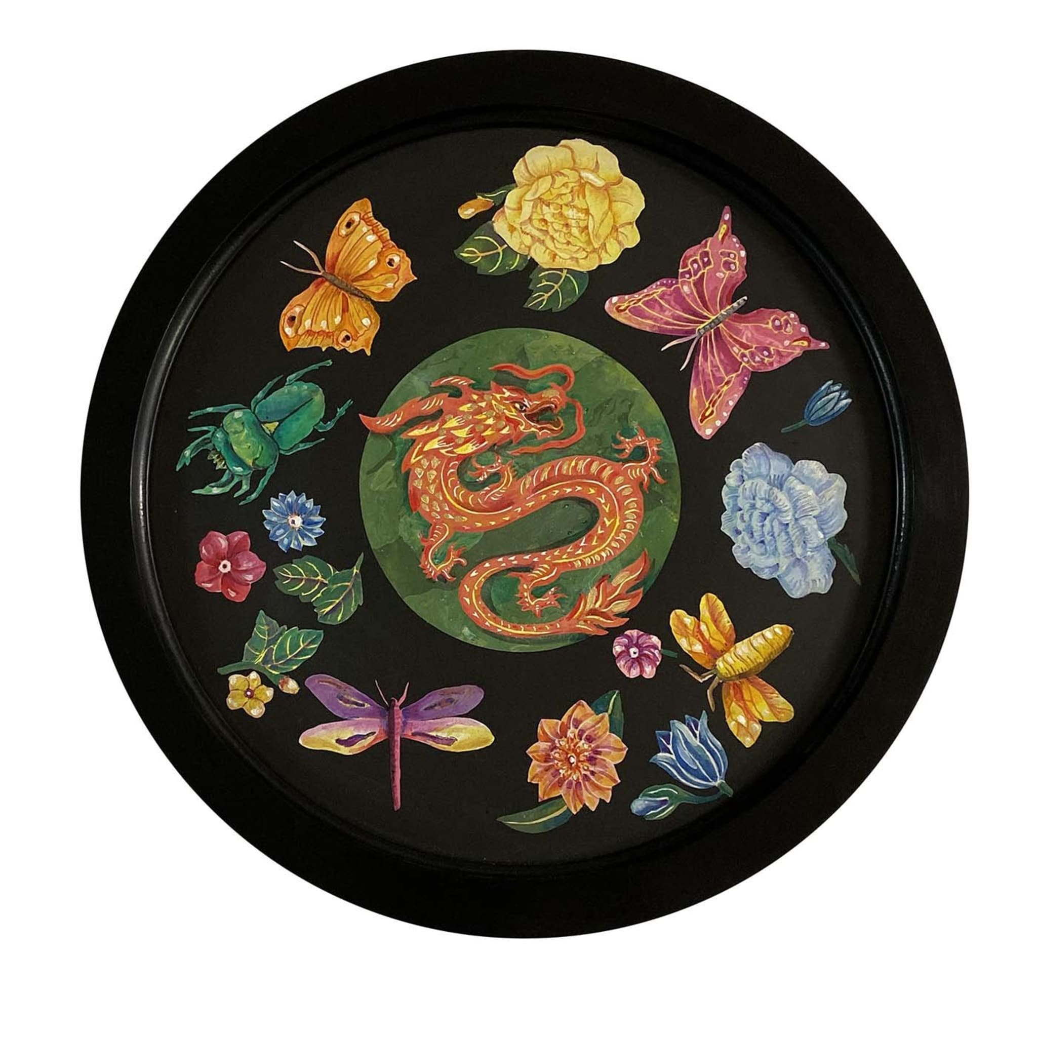 Scagliola pinta un dragón con flores e insectos  - Vista principal