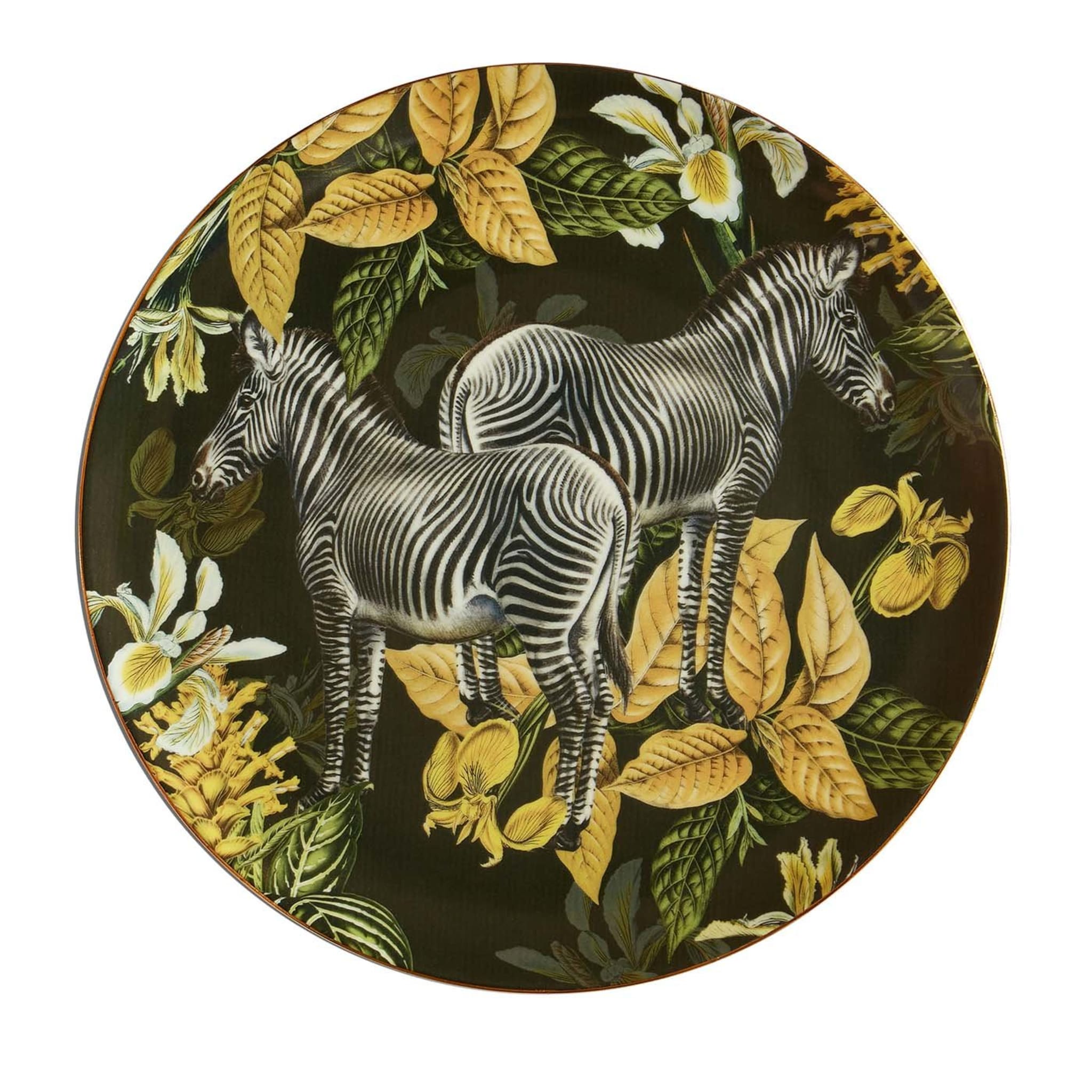 Animalia Piatto Piano In Porcellana Con Zebre E Fogliame Giallo - Vista principale