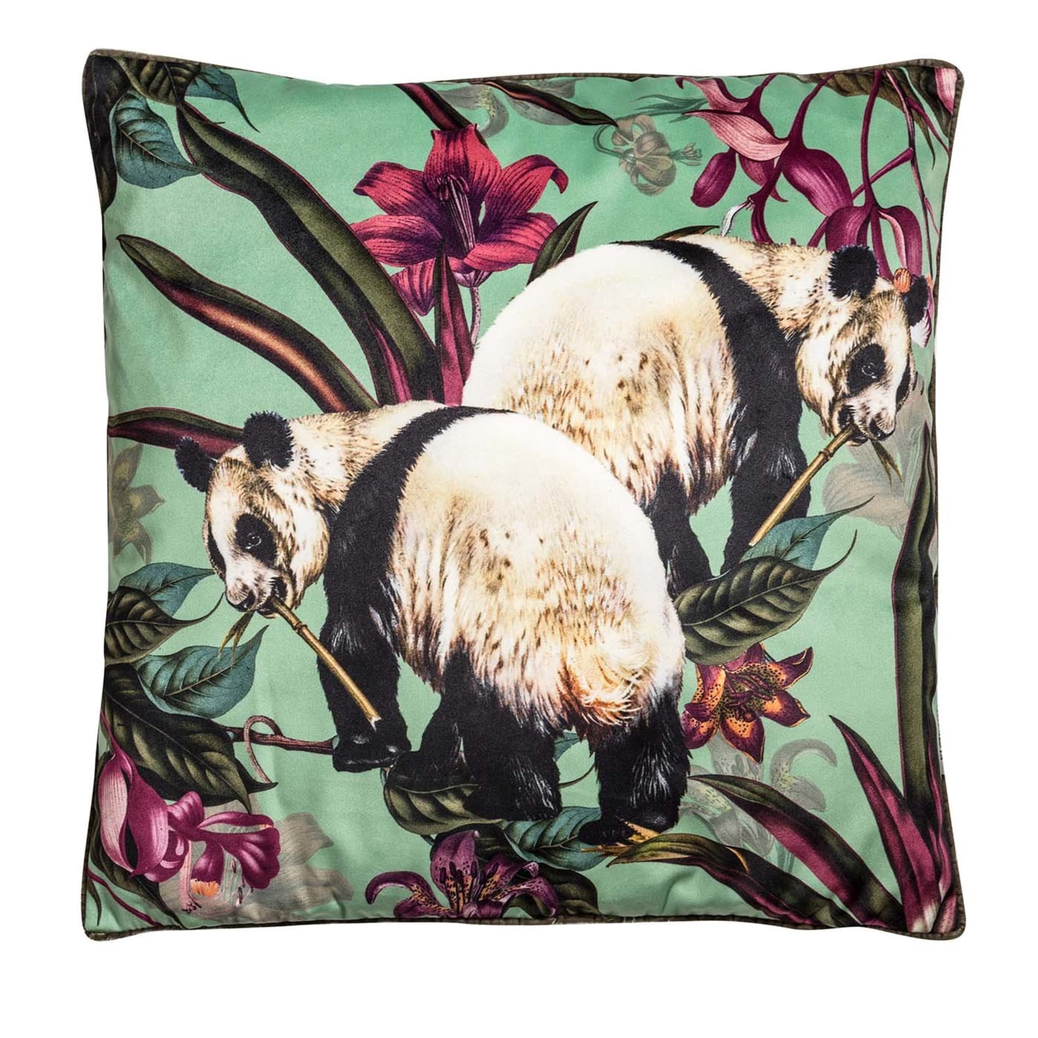 Animalia Velvet Cushion With Pandas And Purple Flowers - Main view
