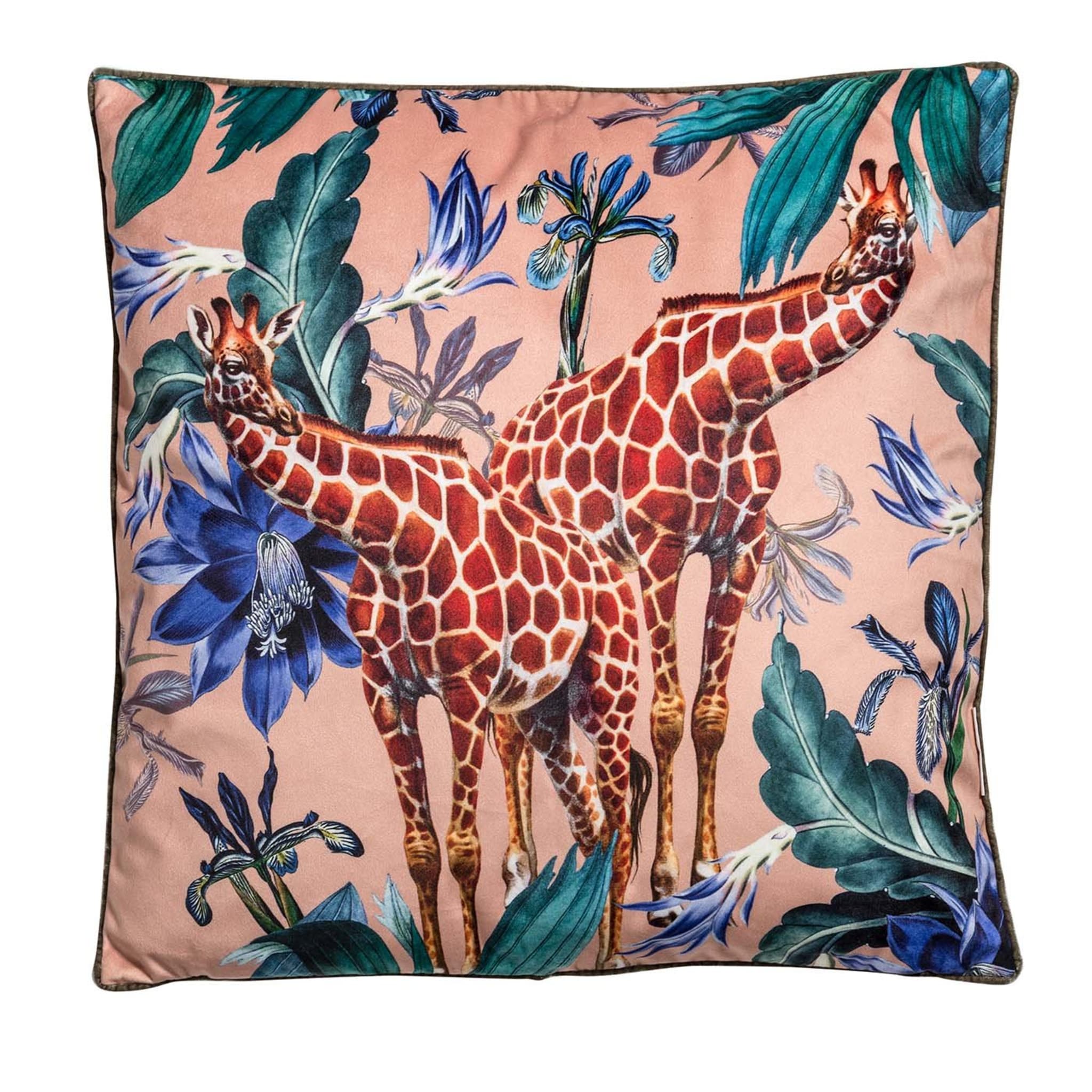 Animalia Velvet Cushion With Giraffes And Blue Flowers - Main view
