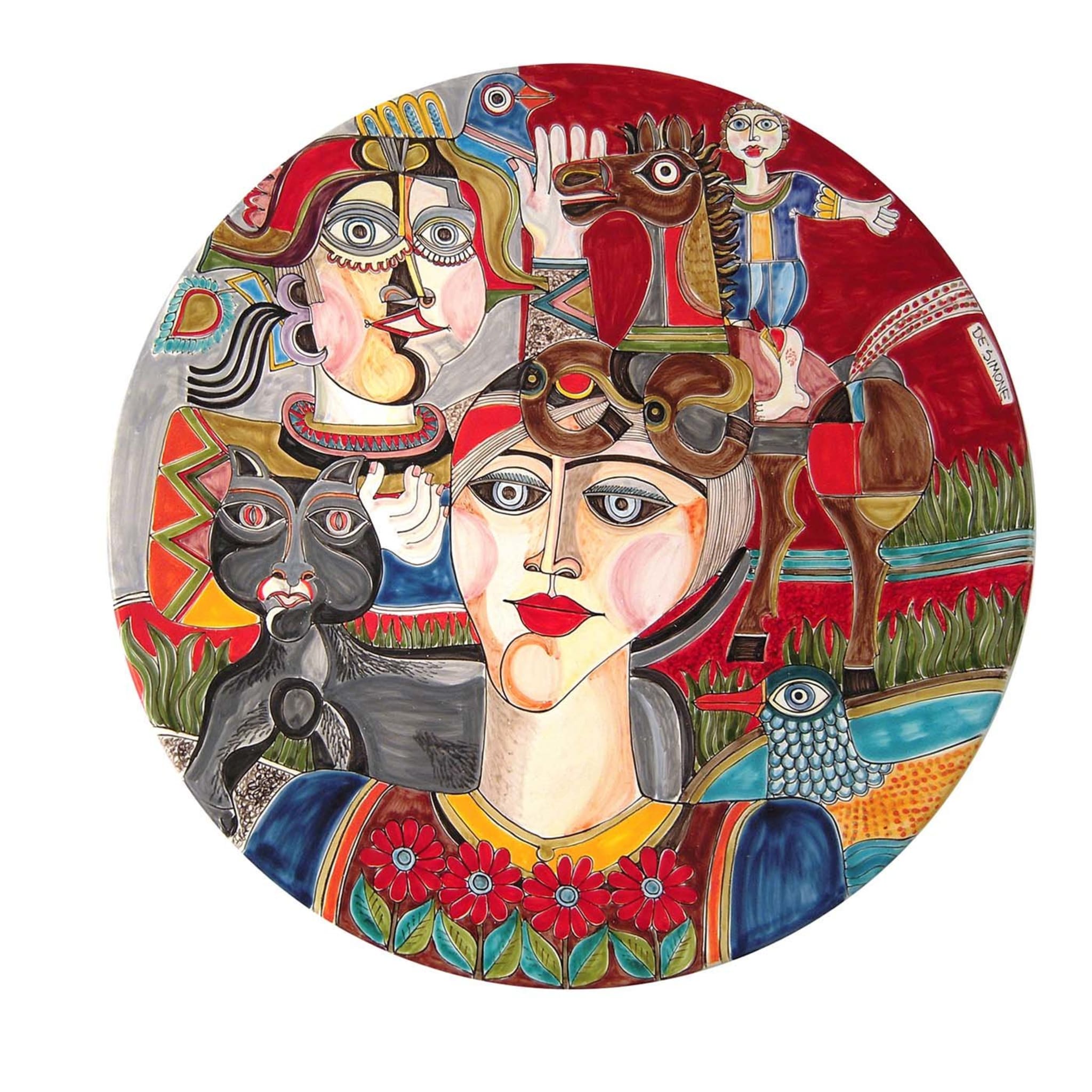 Dekorativer Keramikteller Frau mit Katze - Hauptansicht