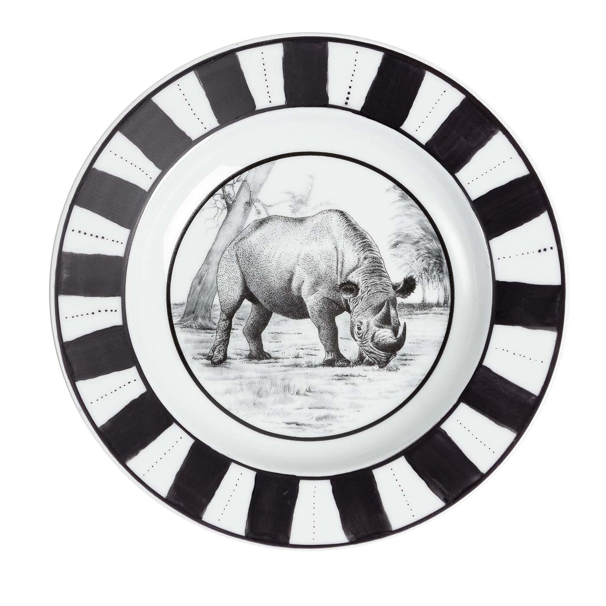 Set of 4 Africa Nera Rhino Pasta Plates with Striped Border - Main view