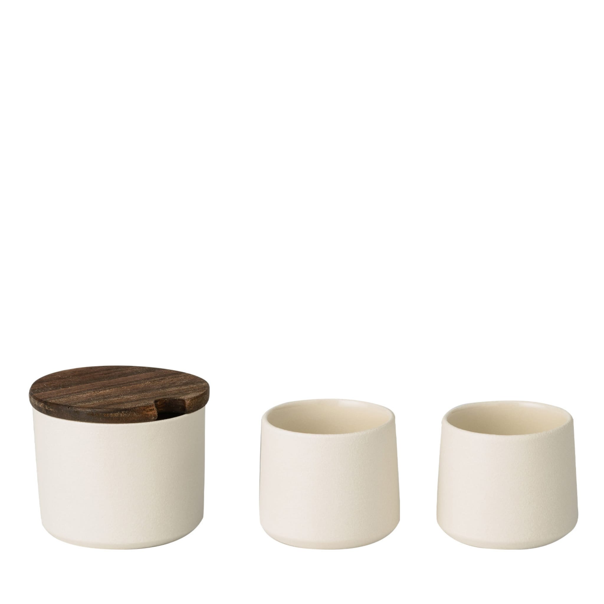 Zuccheriera in ceramica con coperchio in legno e piccole tazze in ceramica - Vista principale