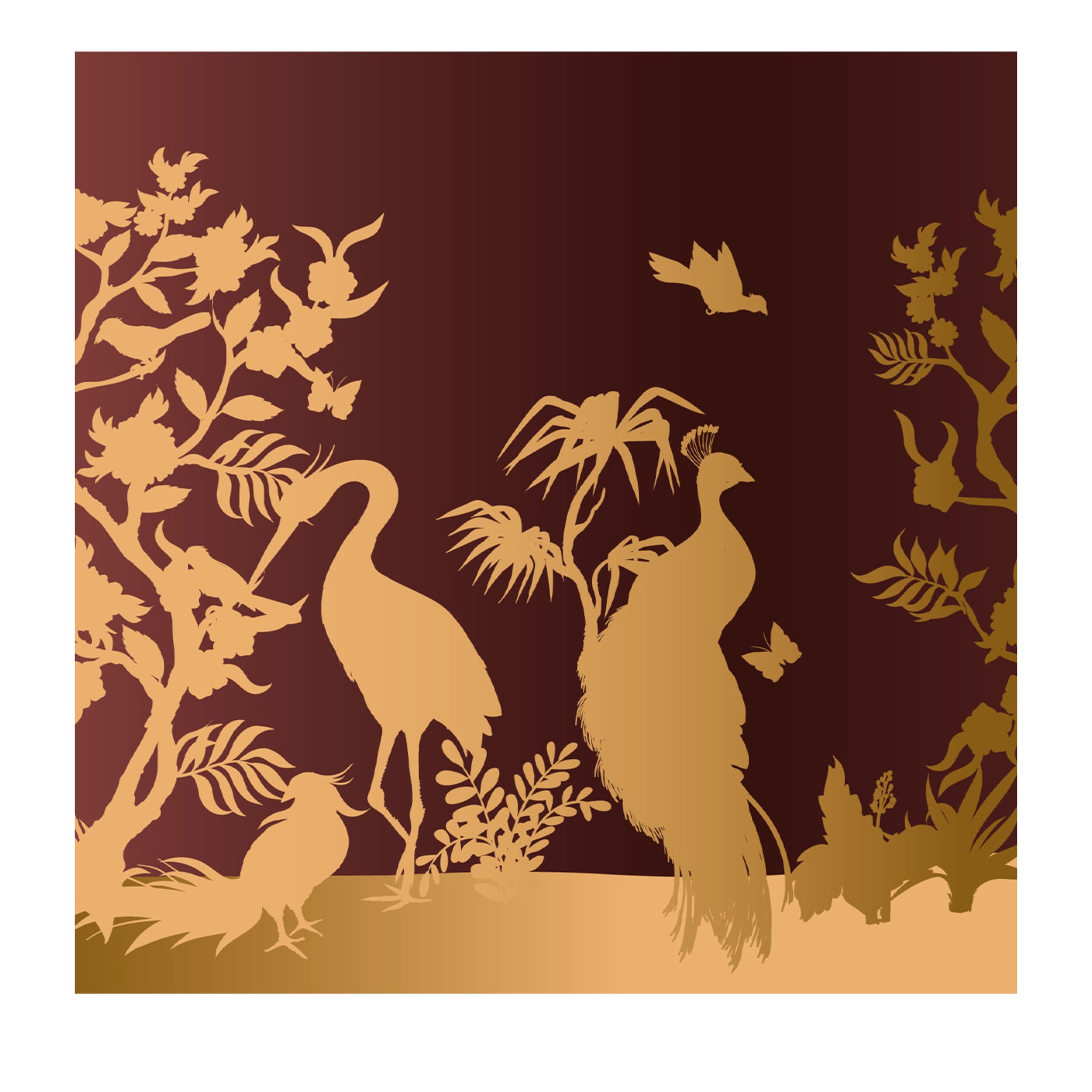 Red and Gold Peacock and Herons in Silhouette Panel - Main view