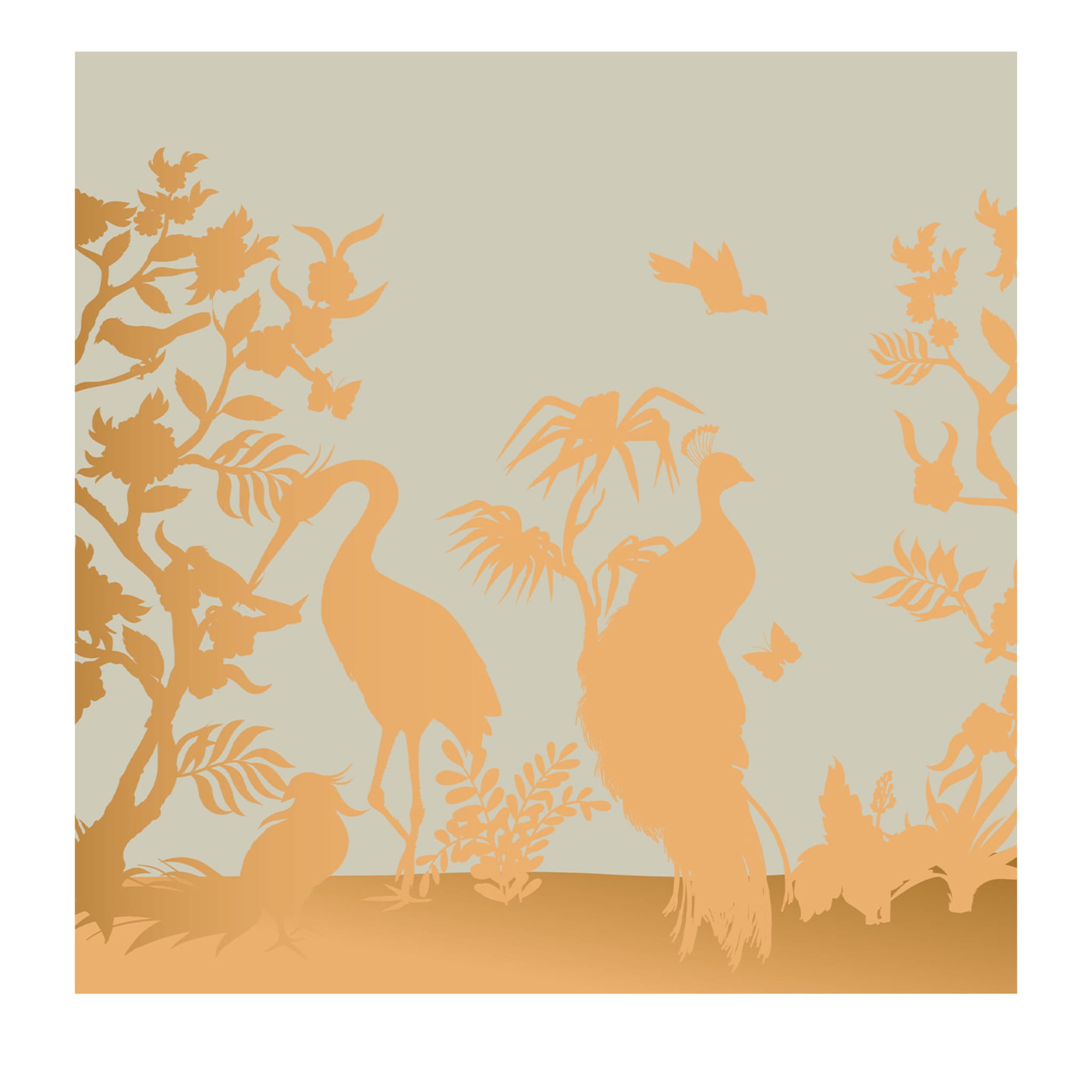 Panneau de silhouettes de paons et de hérons gris et or - Vue principale