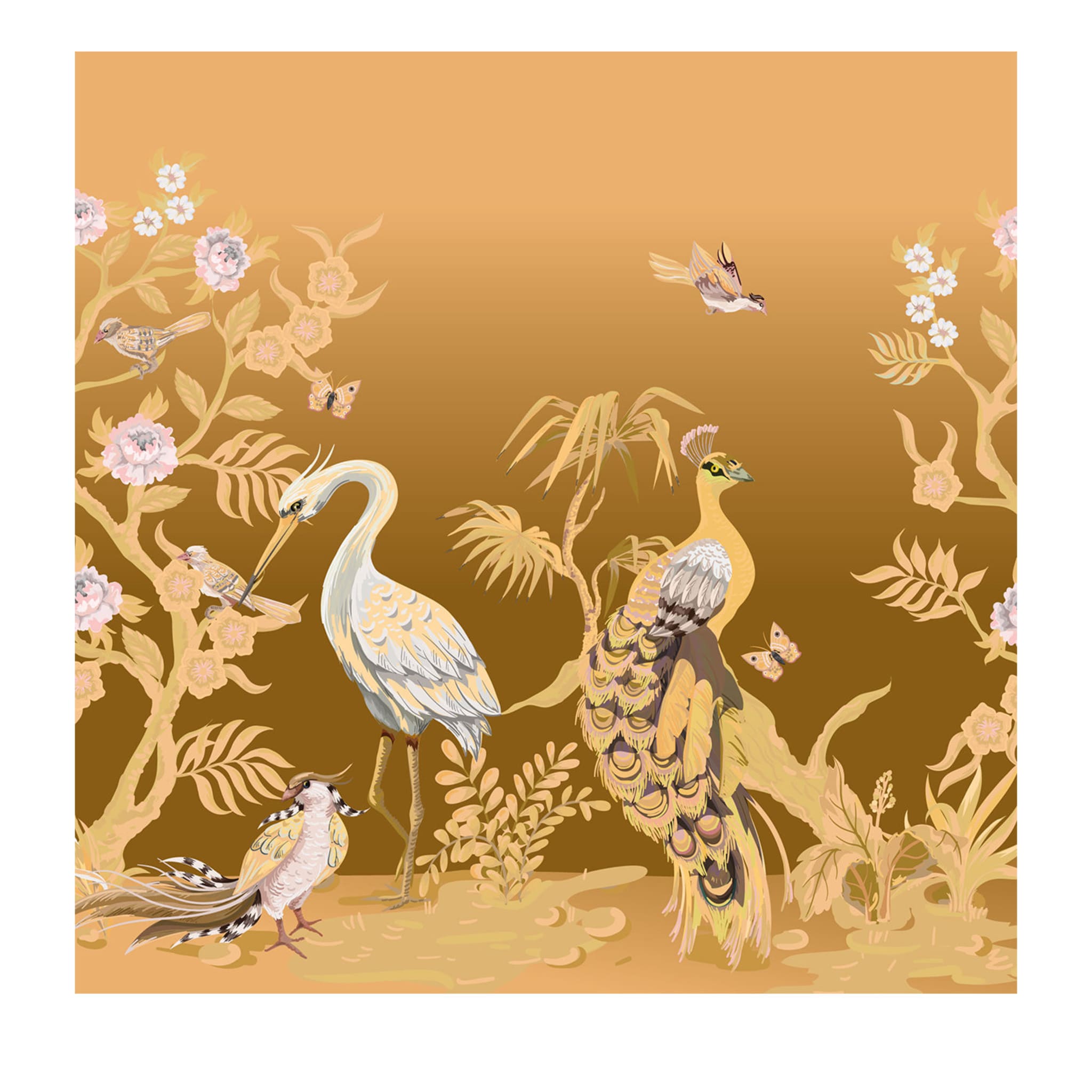 Pannello con pavone e aironi dorati in silhouette - Vista principale