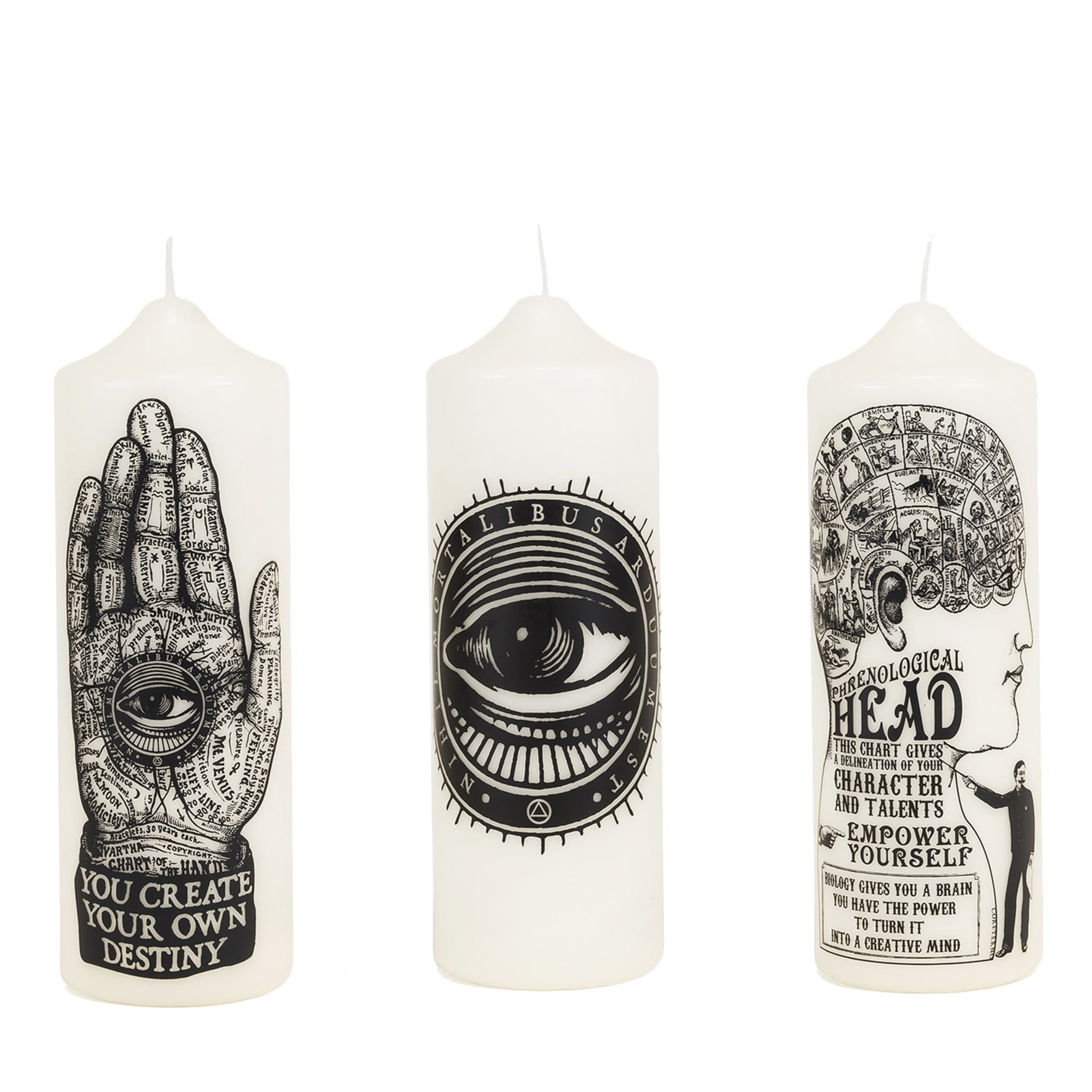 Lot de 3 bougies piliers visionnaires : Œil mystique, chiromancie, phrénologie - Vue principale