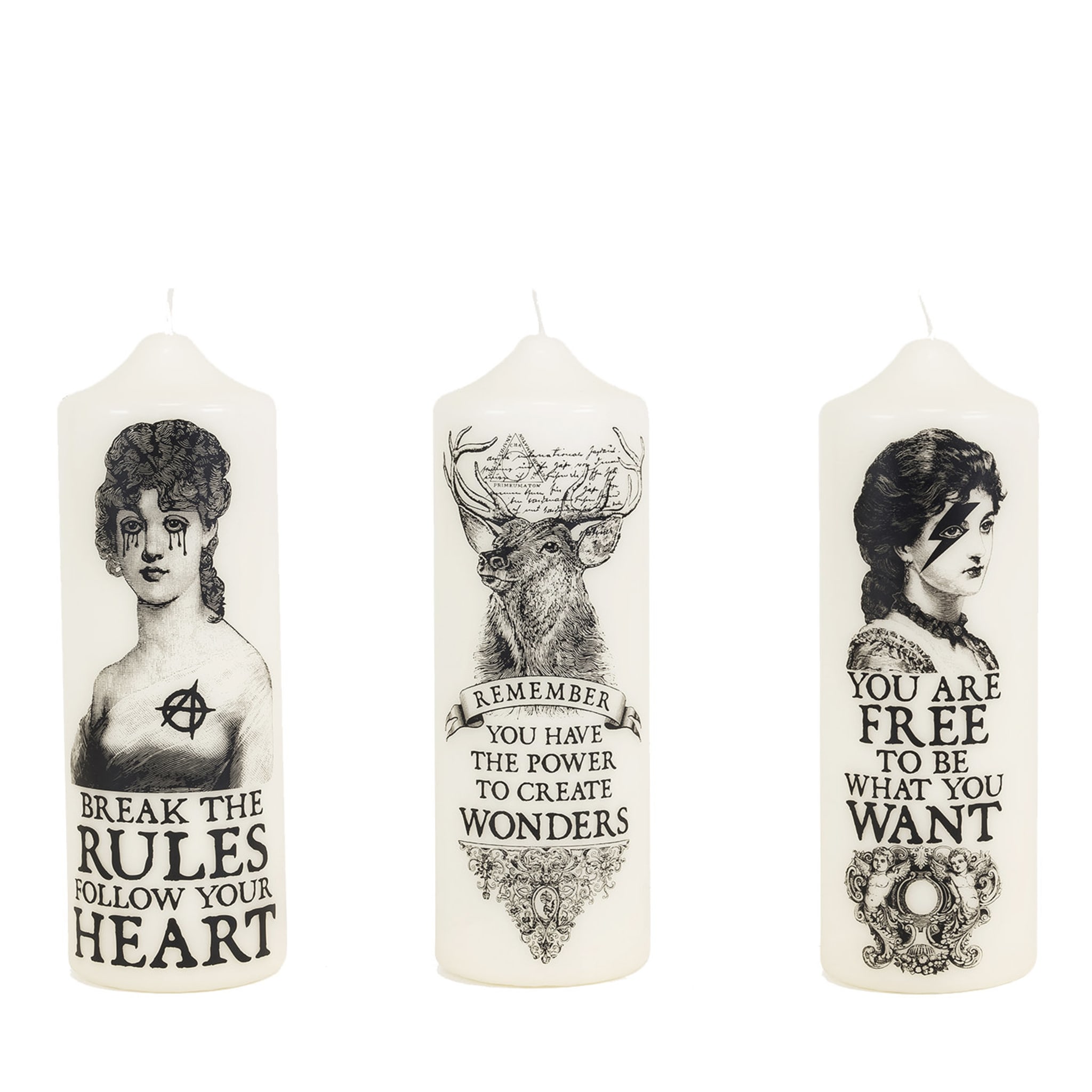 Set of 3 Pillar Candles: You Are Free, Break The Rules, Wonders - Main view