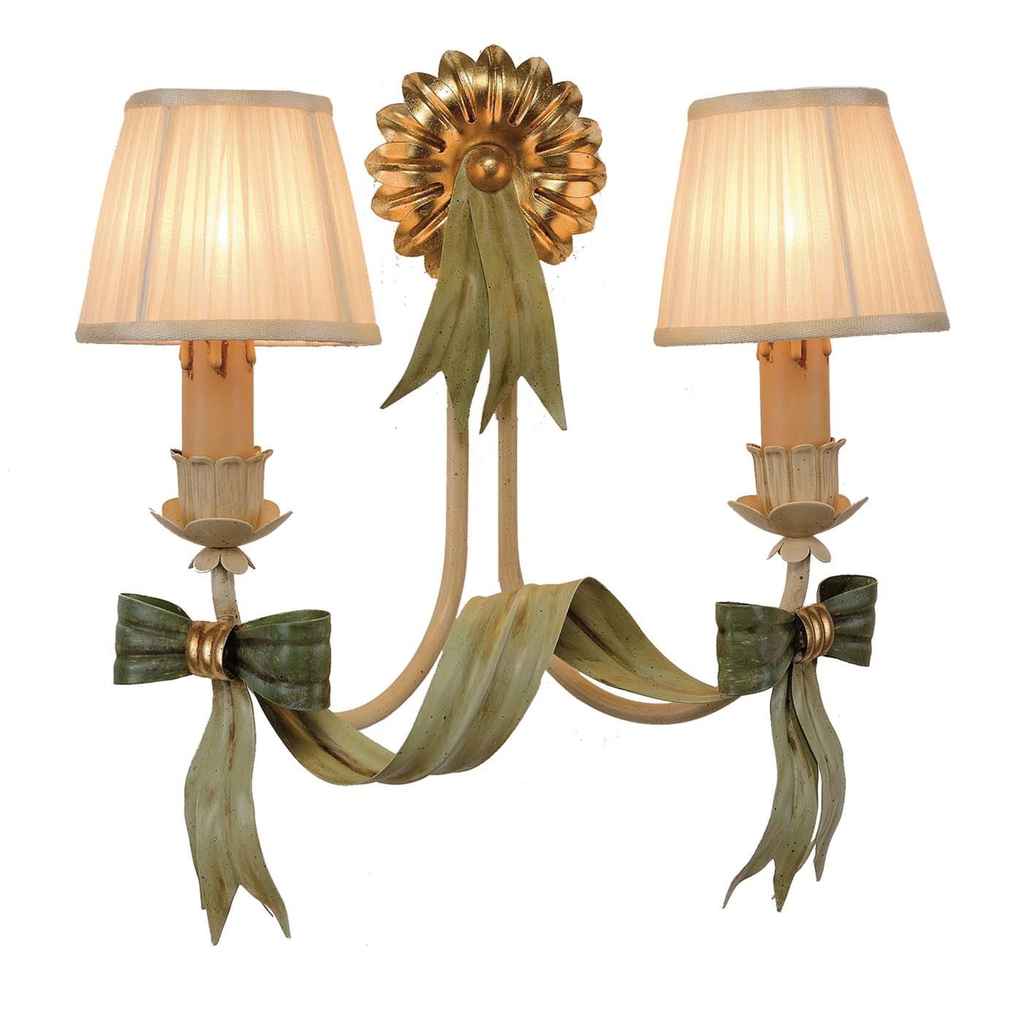 Vintage Pair Brass Bow Ribbon Sconce Wall Double Candle Holder