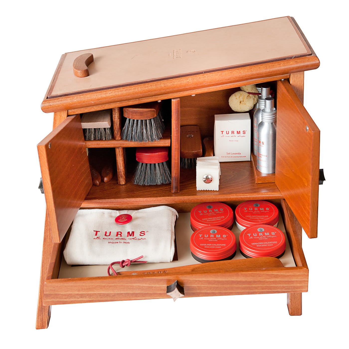 Brown Shoe Shining Cabinet with Shoe Care Accessories Kit - Turms