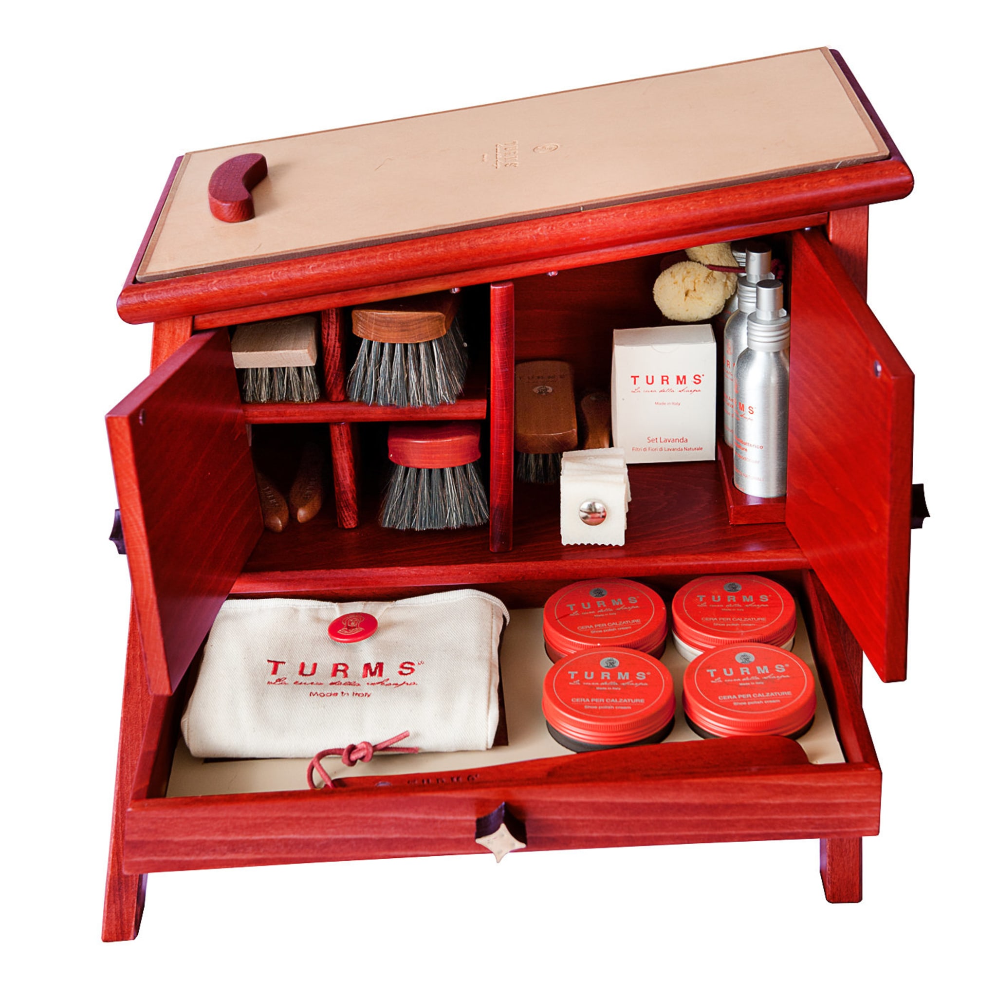 Mueble limpiabotas rojo con kit de accesorios para el cuidado del calzado - Vista principal