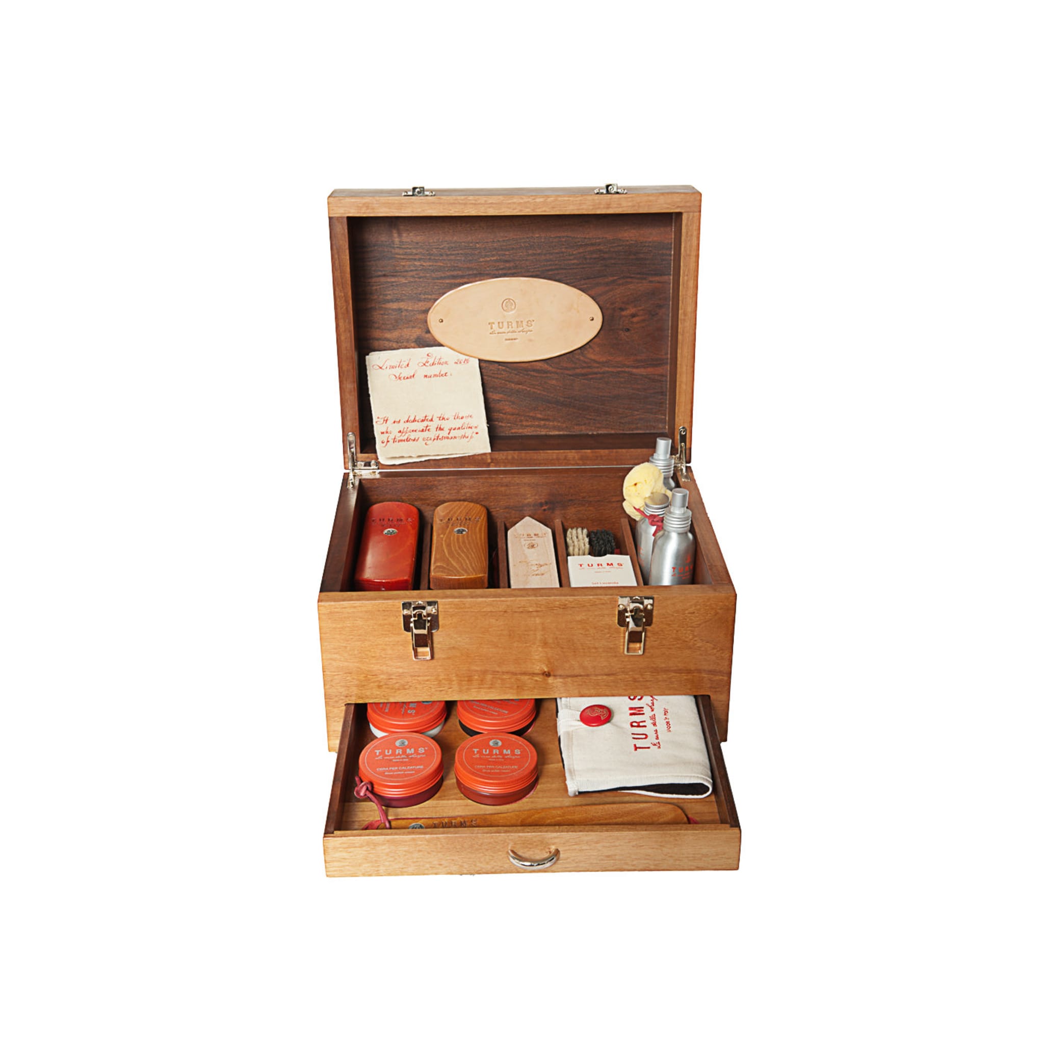 Caja de accesorios de nogal con kit de accesorios para el cuidado del calzado - Vista principal