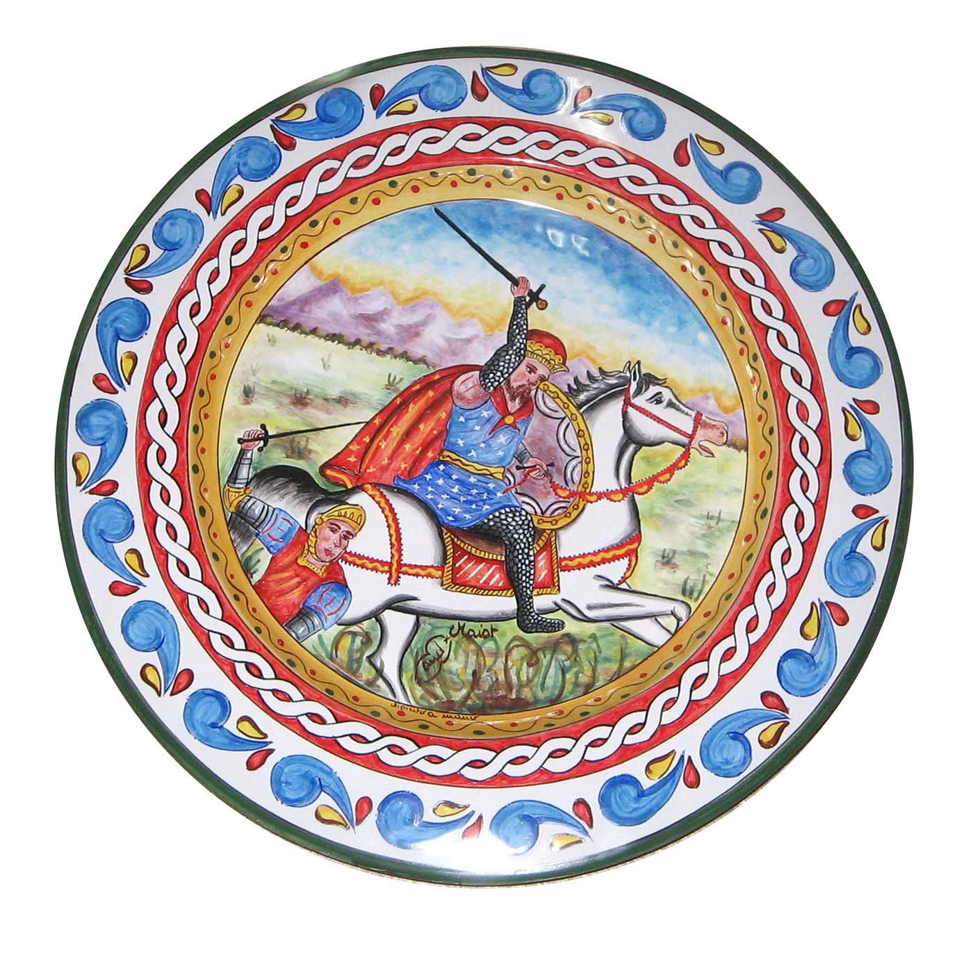 French Paladin on Horseback with Enemy on the Ground Plate - Ceramiche Maior