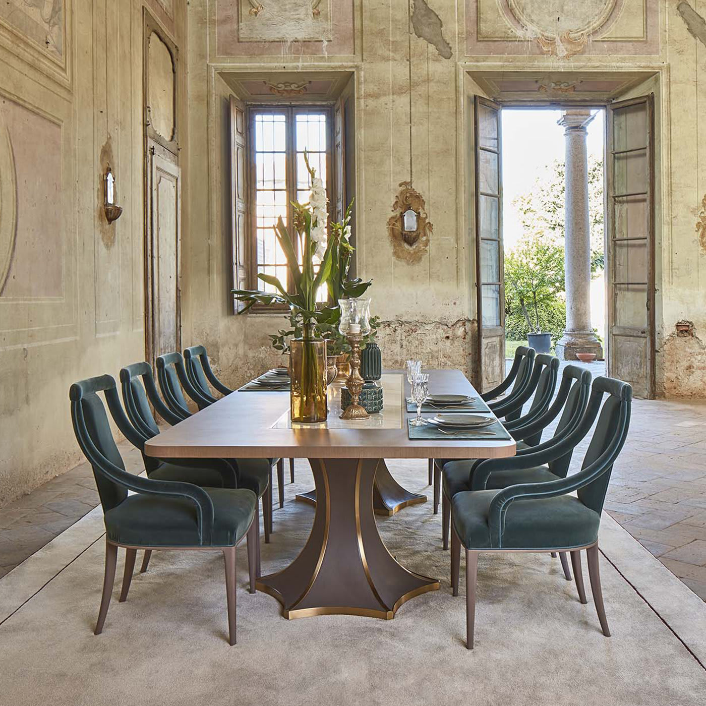 wooden table with marble inserts