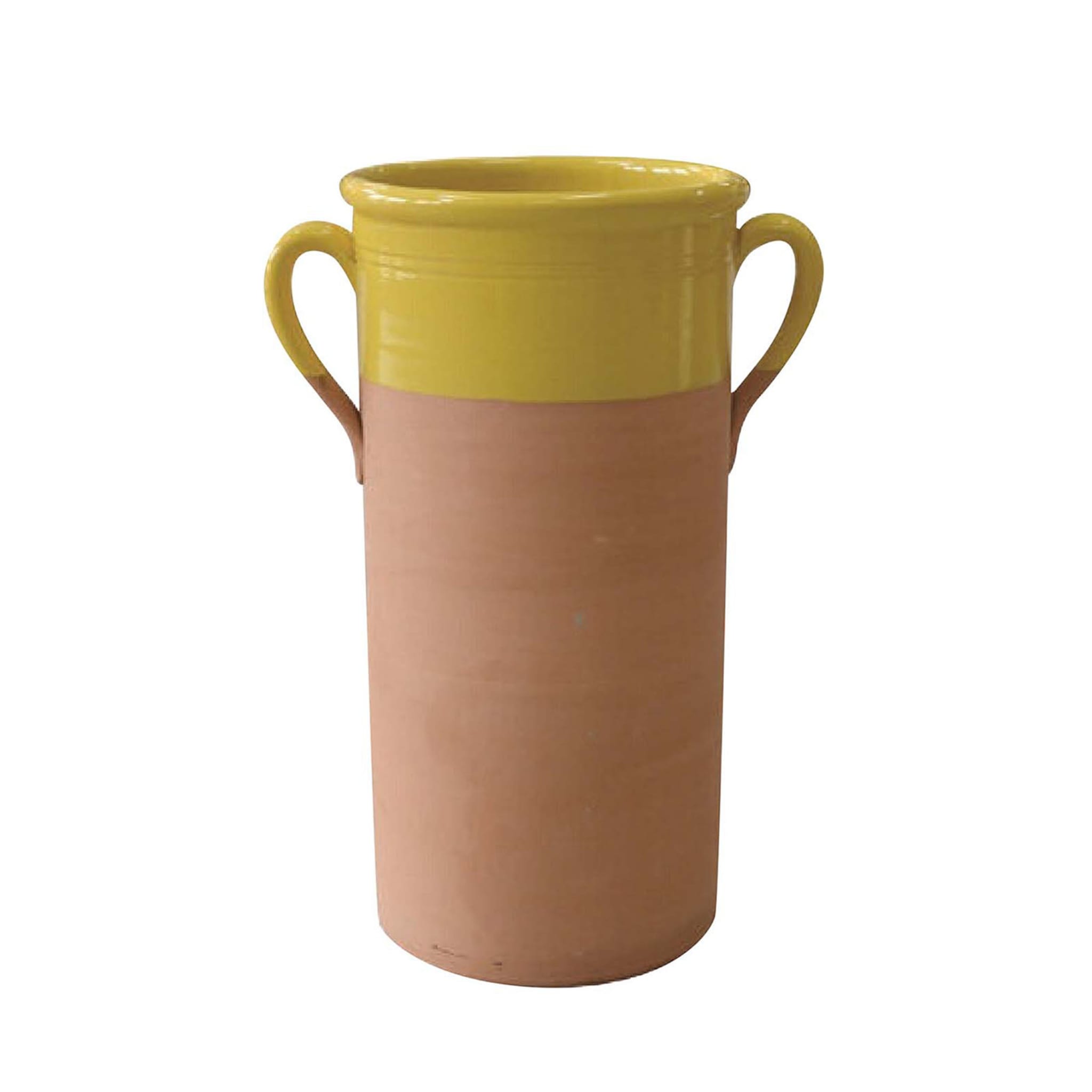 Gelbe große zylindrische Vase mit Henkeln - Hauptansicht