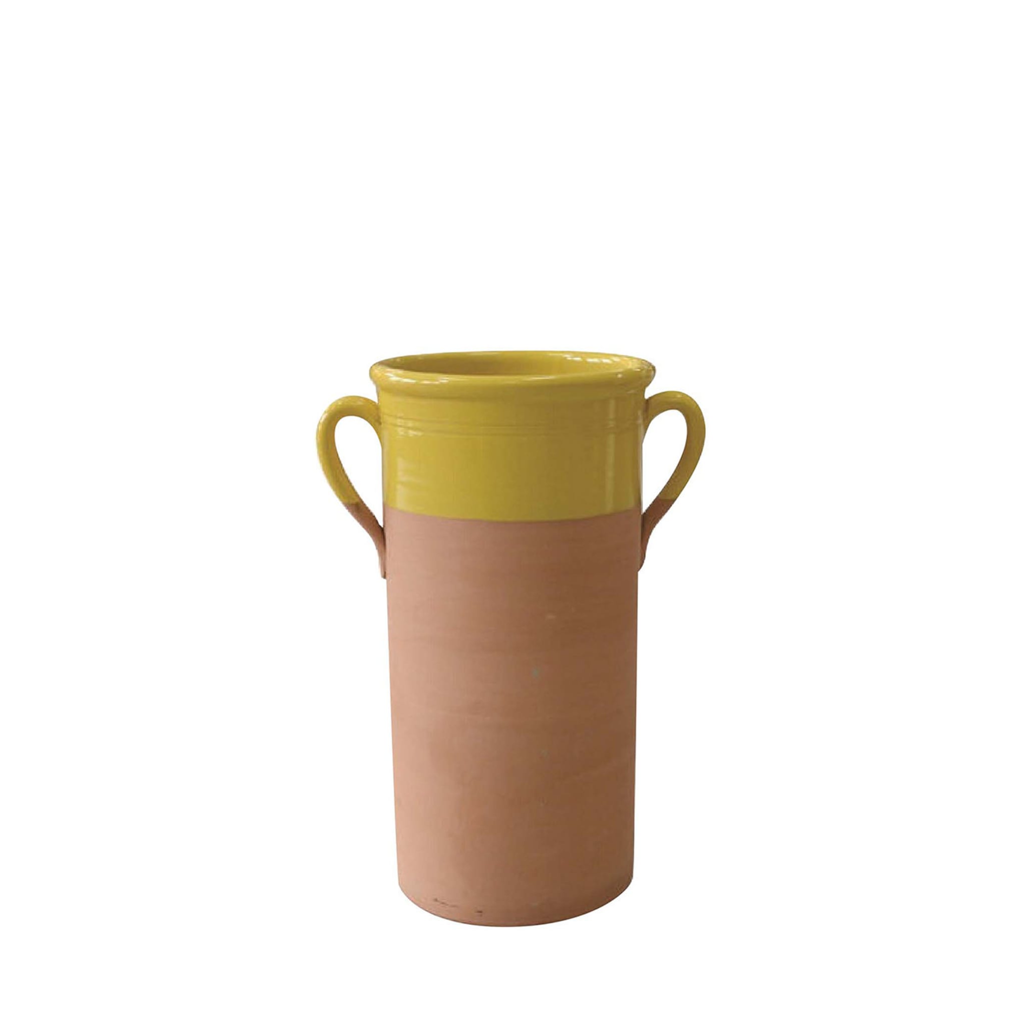 Gelbe kleine zylindrische Vase mit Henkeln - Hauptansicht