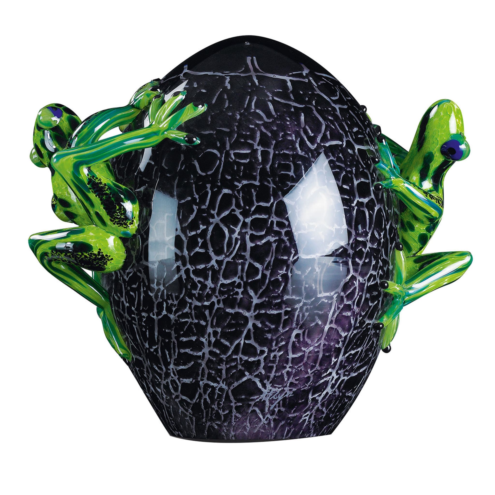 Huevo de cristal craquelado negro con ranas verdes - Vista principal