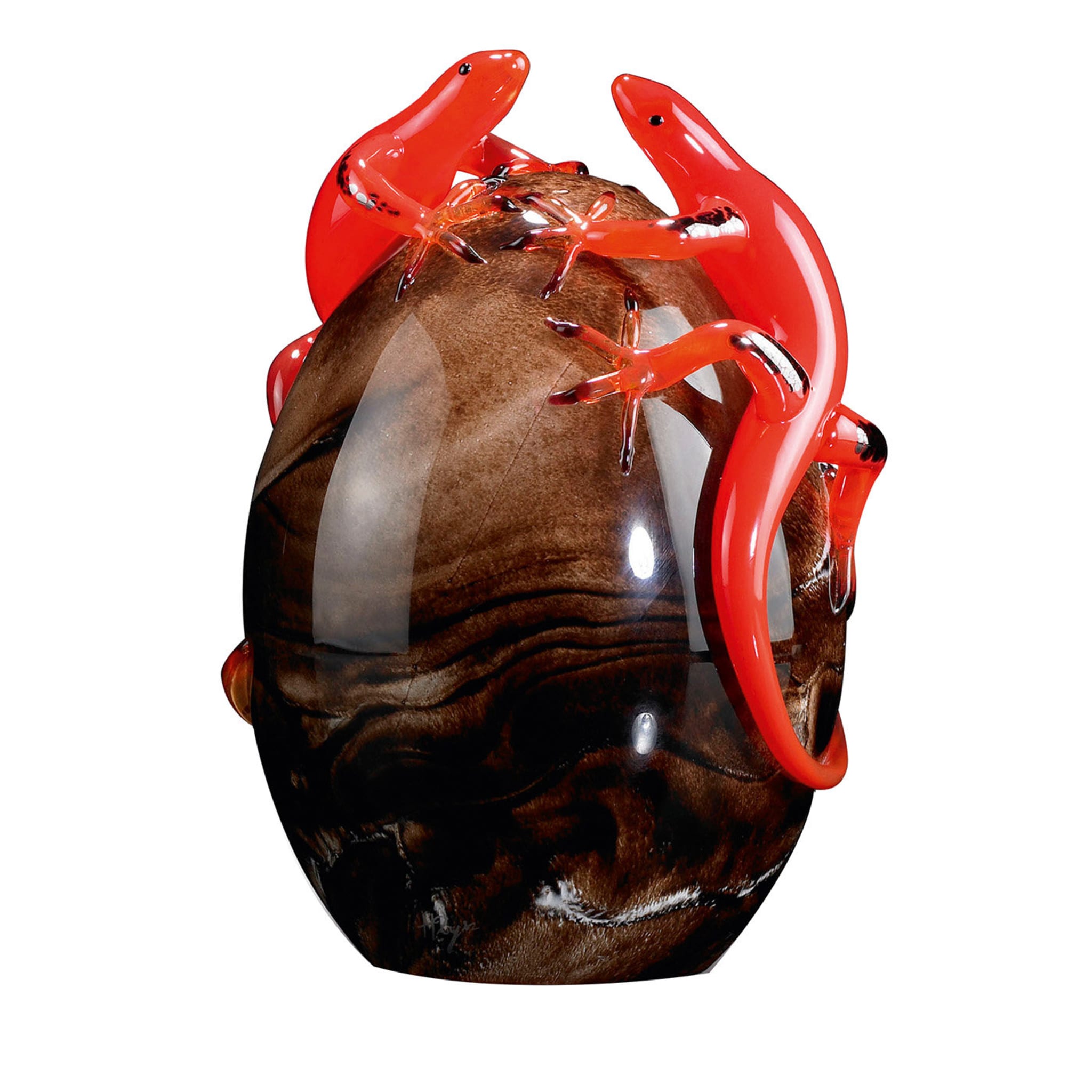 Huevo de cristal marrón con 2 salamanquesas rojas - Vista principal