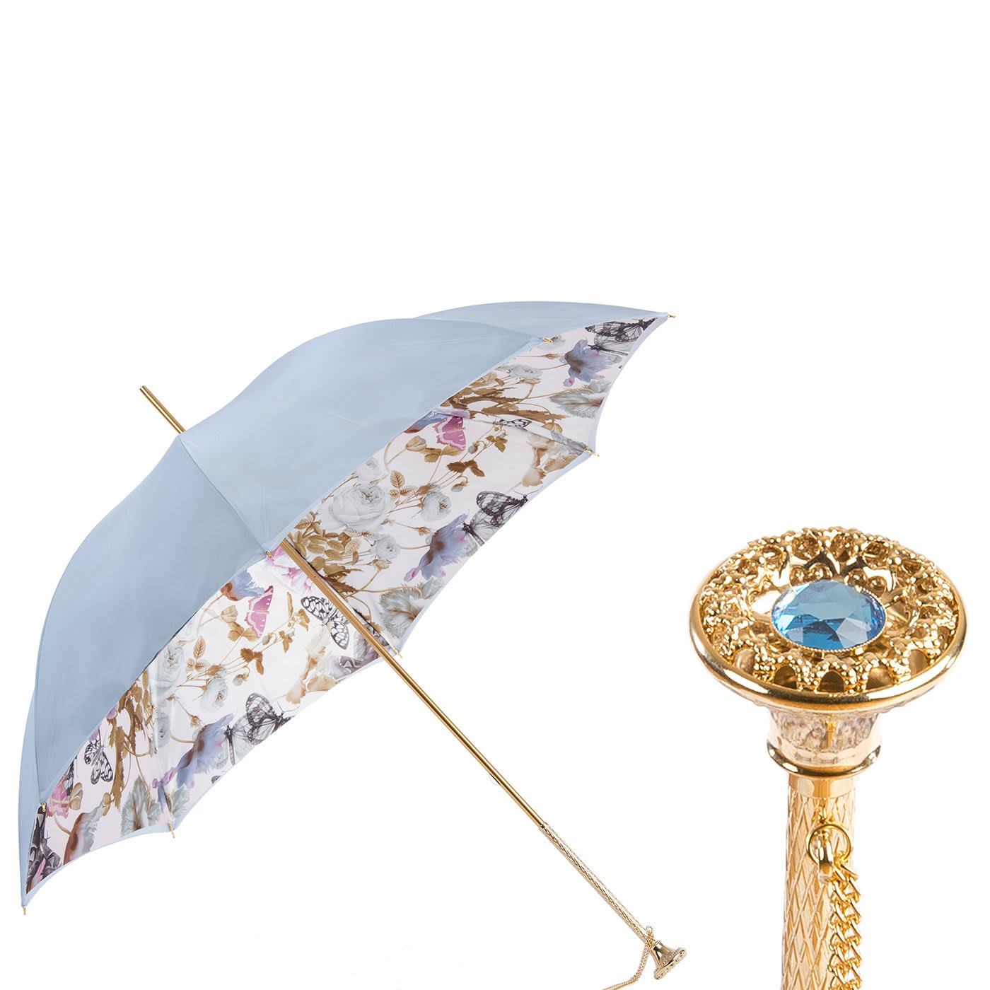 Light Blue Nature Umbrella with Butterflies - Double Cloth - Pasotti