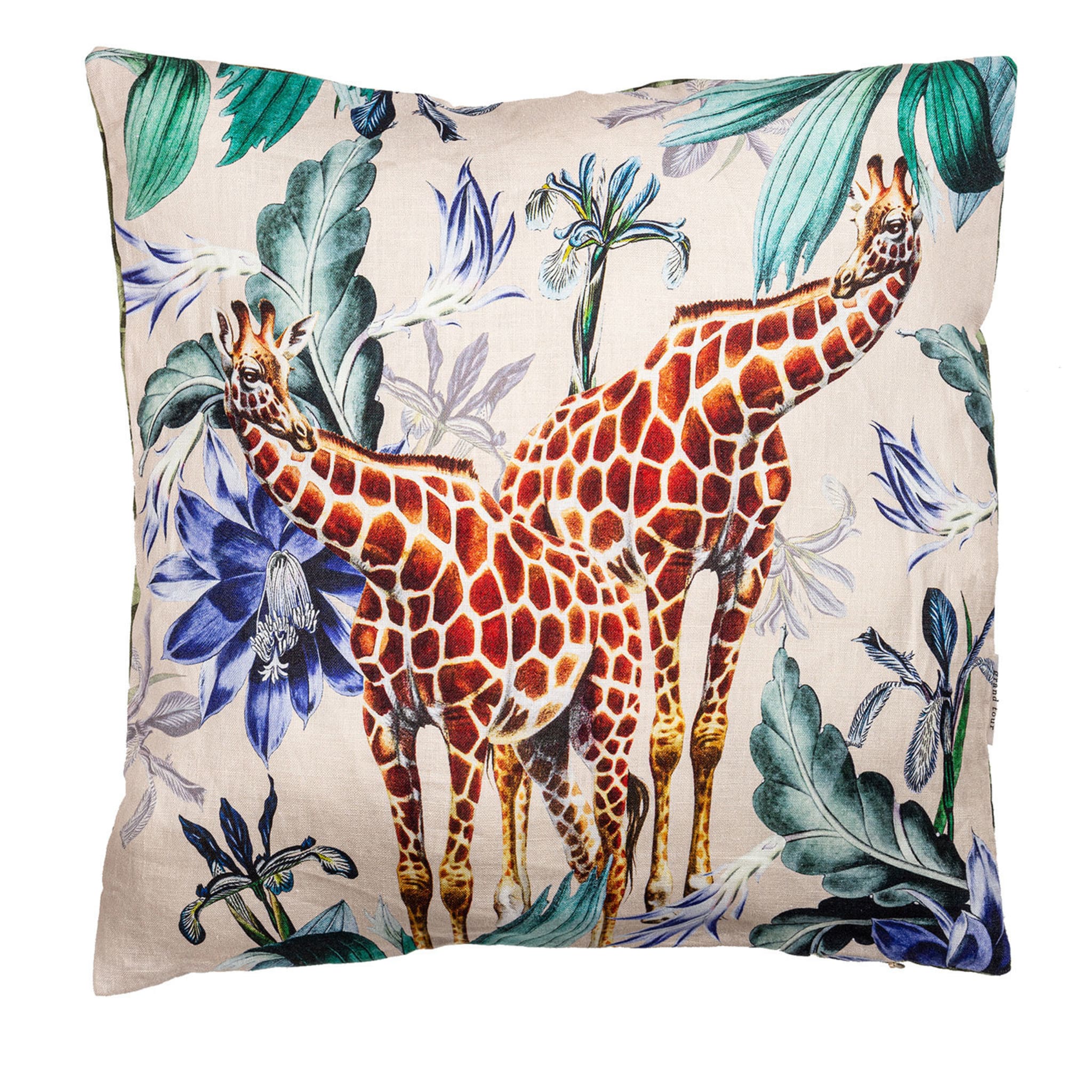 Animalia Linen Cushion With Giraffes And Blue Flowers - Main view