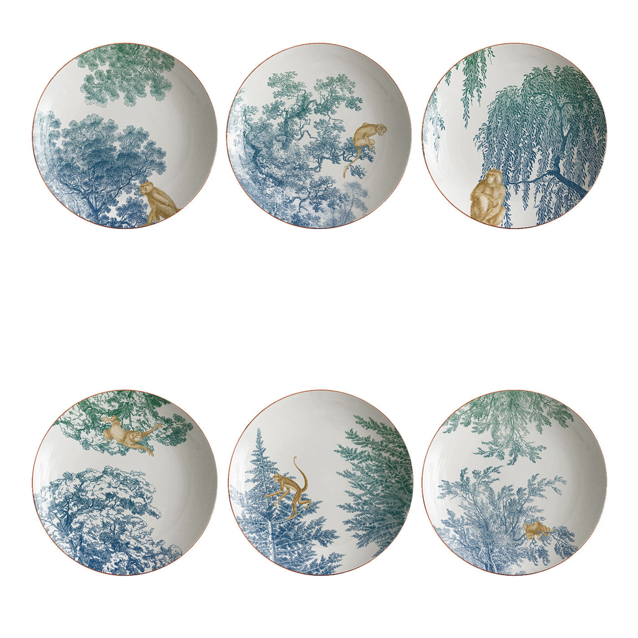 Galtaji Set Of 6 Porcelain Soup Plates With Trees And Monkeys - Main view