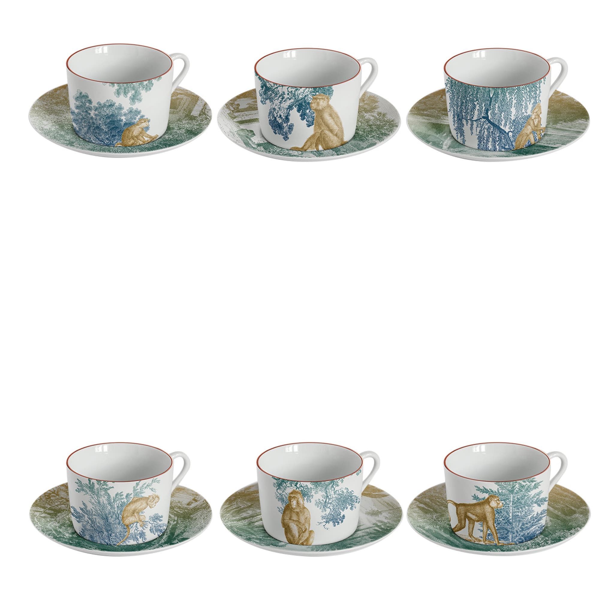 Galtaji Set Of 6 Porcelain Tea Cups With Trees And Monkeys - Main view