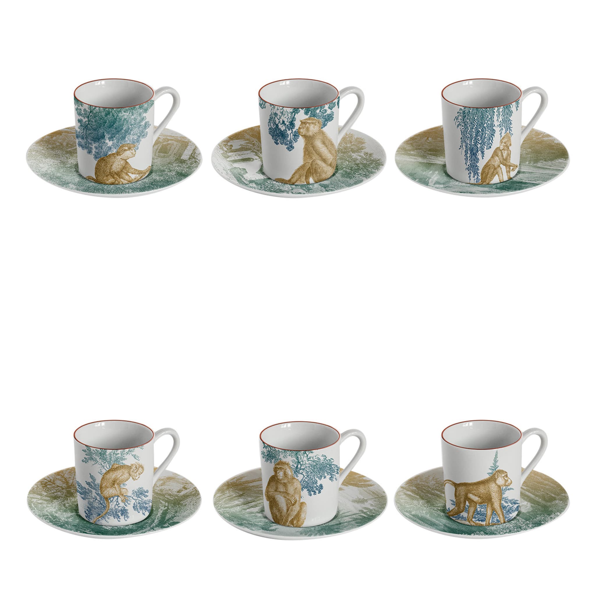 Galtaji Set Of 6 Porcelain Espresso Cups With Trees And Monkeys - Main view