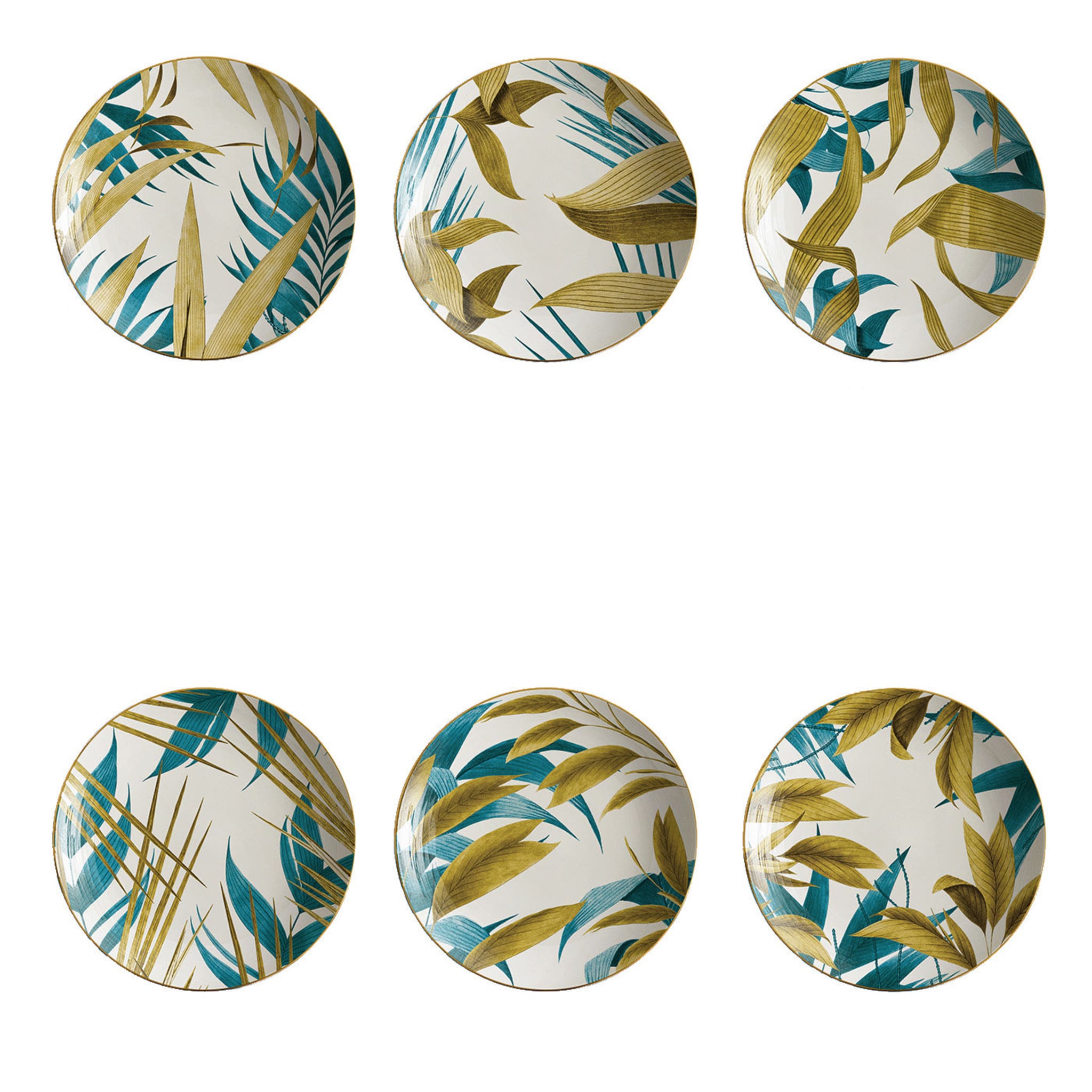 Las Palmas Set Of 6 Porcelain Soup Plates With Blue/Yellow Palm Leaves - Main view