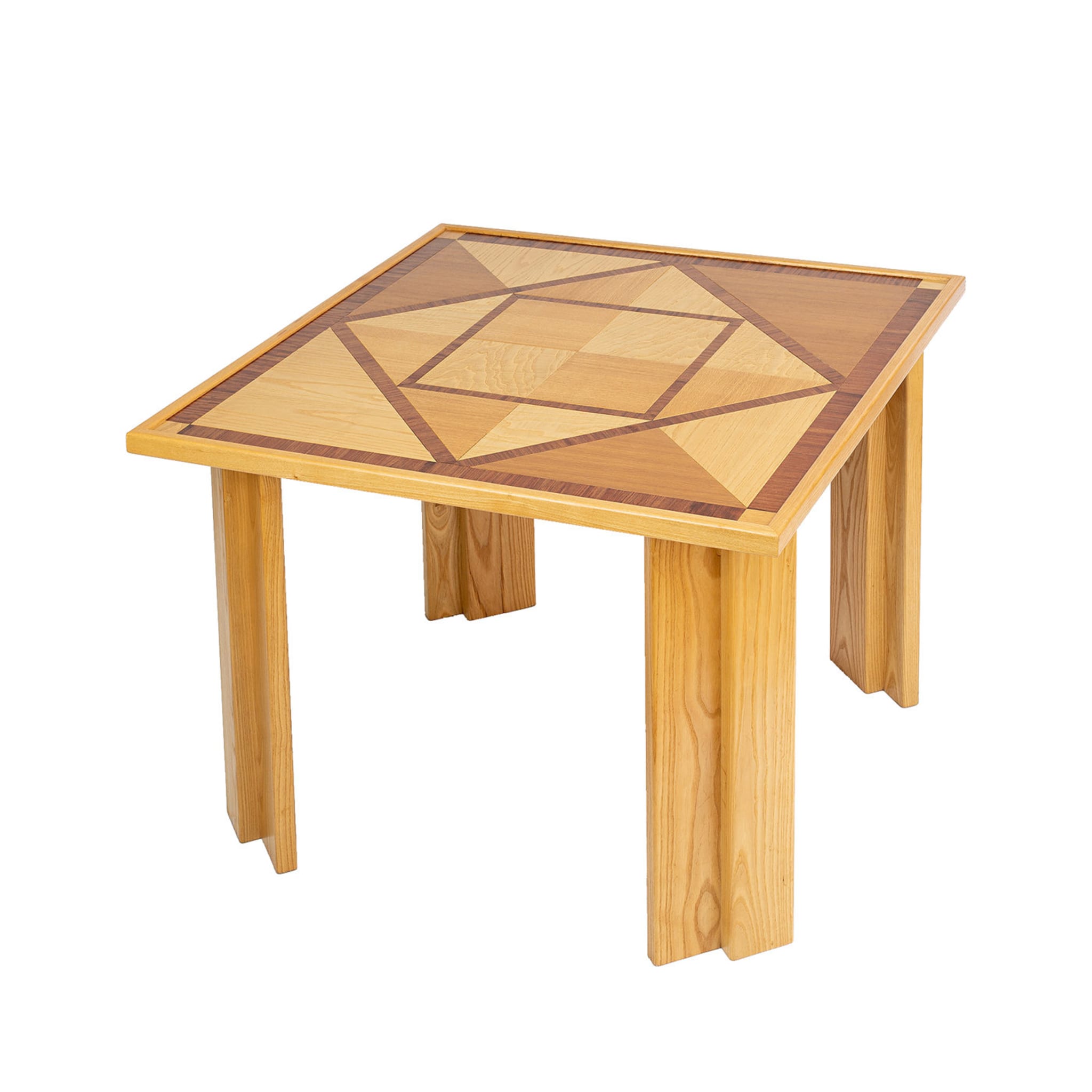 Mesa de comedor de madera con incrustaciones geométricas - Vista principal