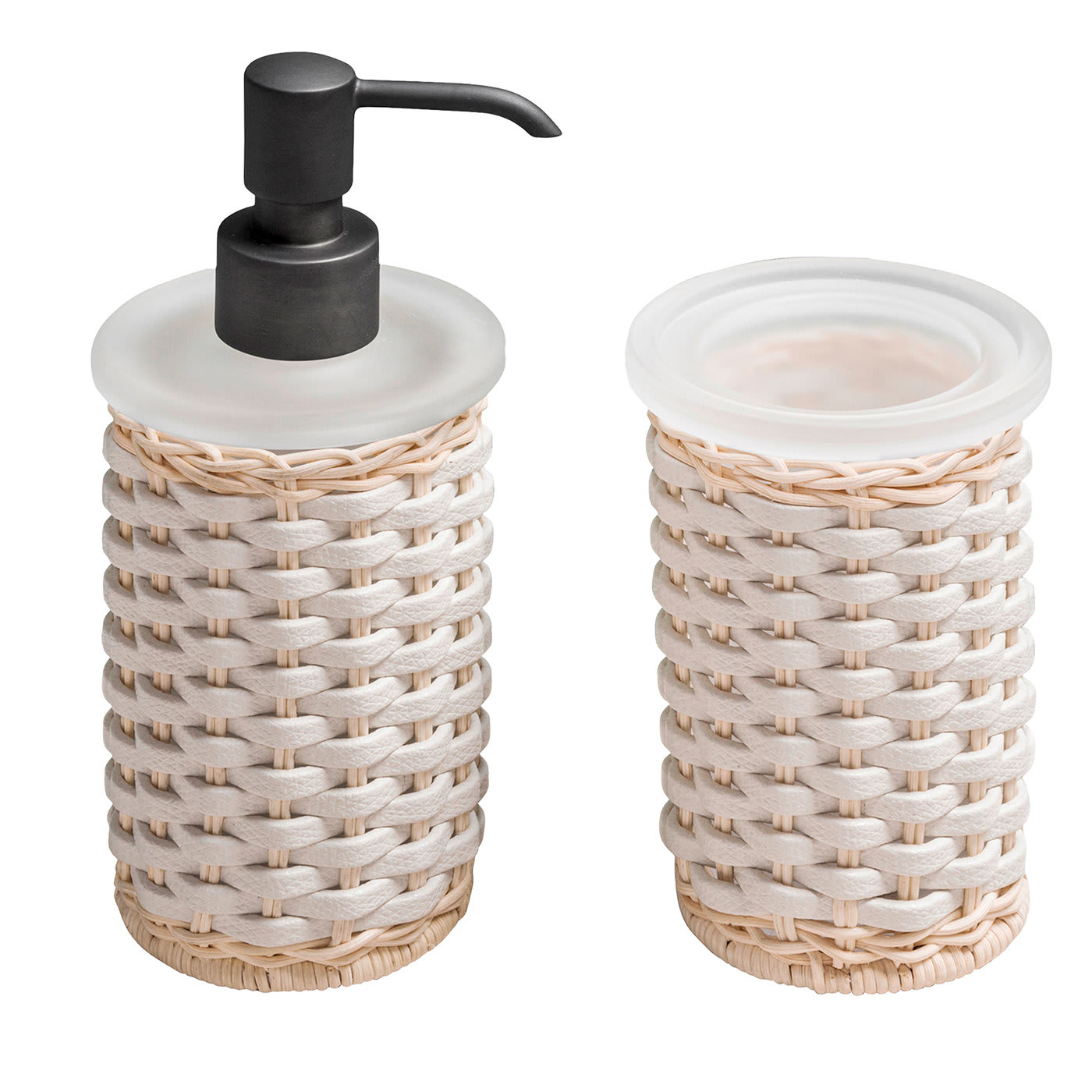 Calais White Leather Rattan Soap Dispenser and Toothbrush Holder