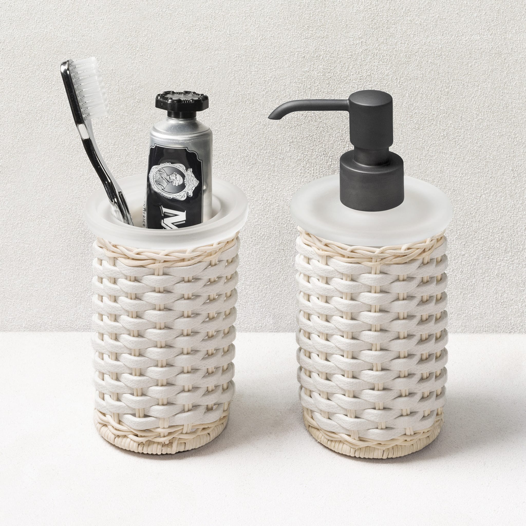 Calais White Leather & Rattan Soap Dispenser and Toothbrush Holder - Alternative view 1