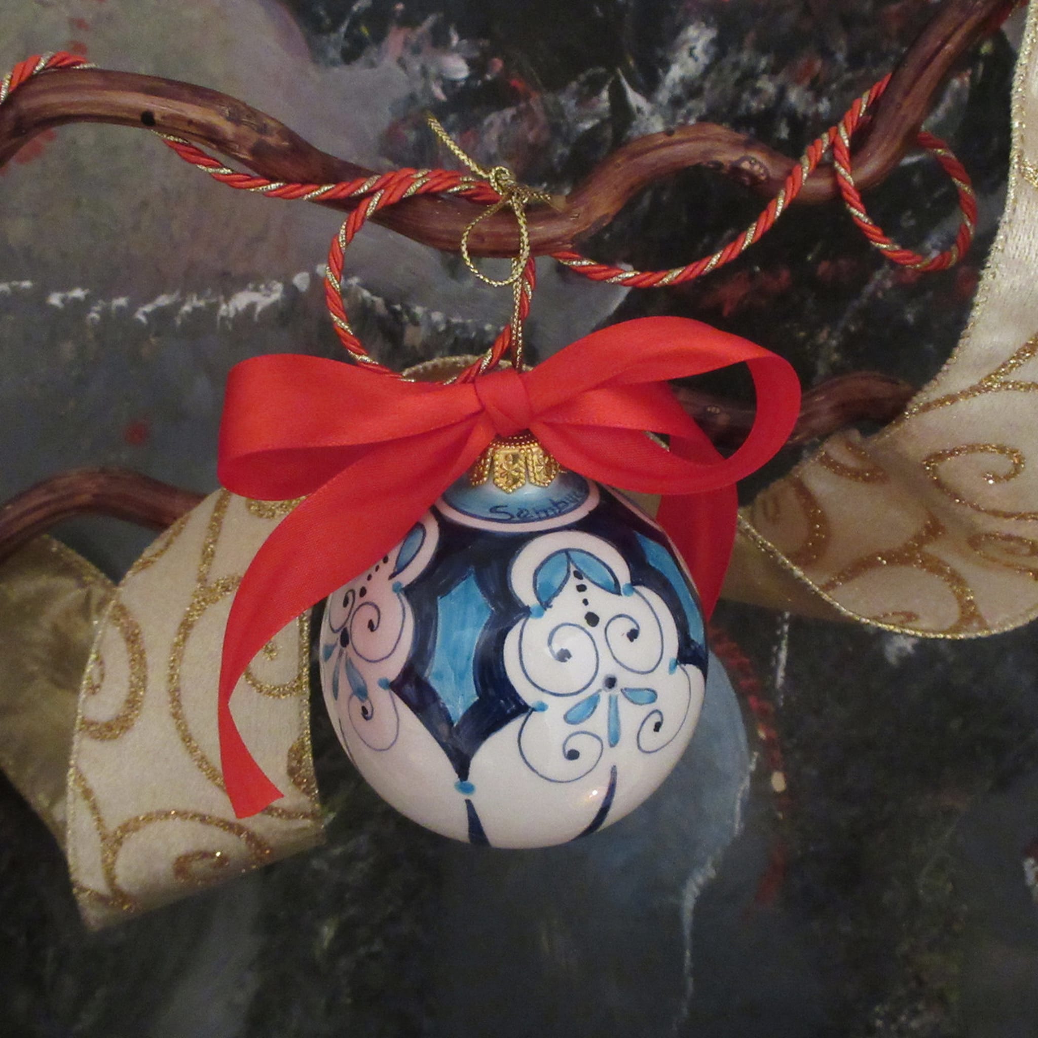 Blue Floral Christmas Ball Ornament - Alternative view 2