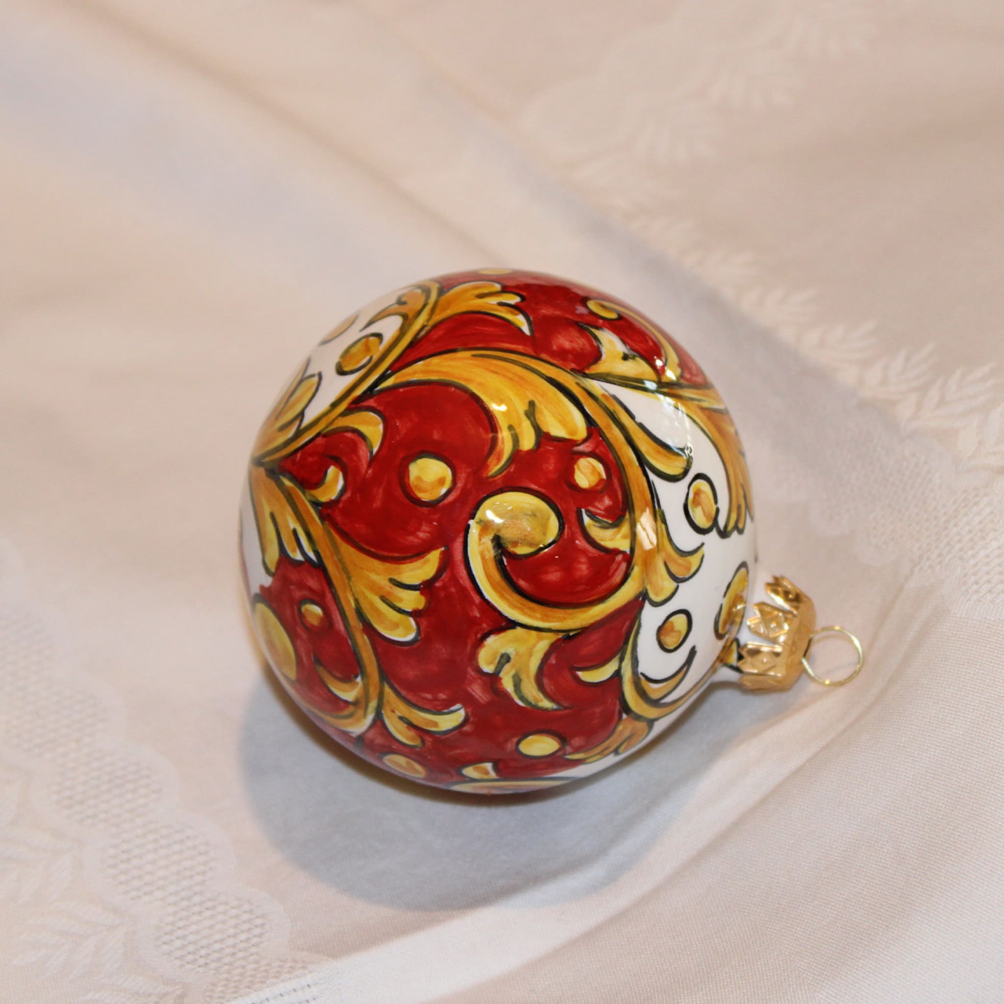 White and Red Damask Christmas Ball Ornament  - Alternative view 2