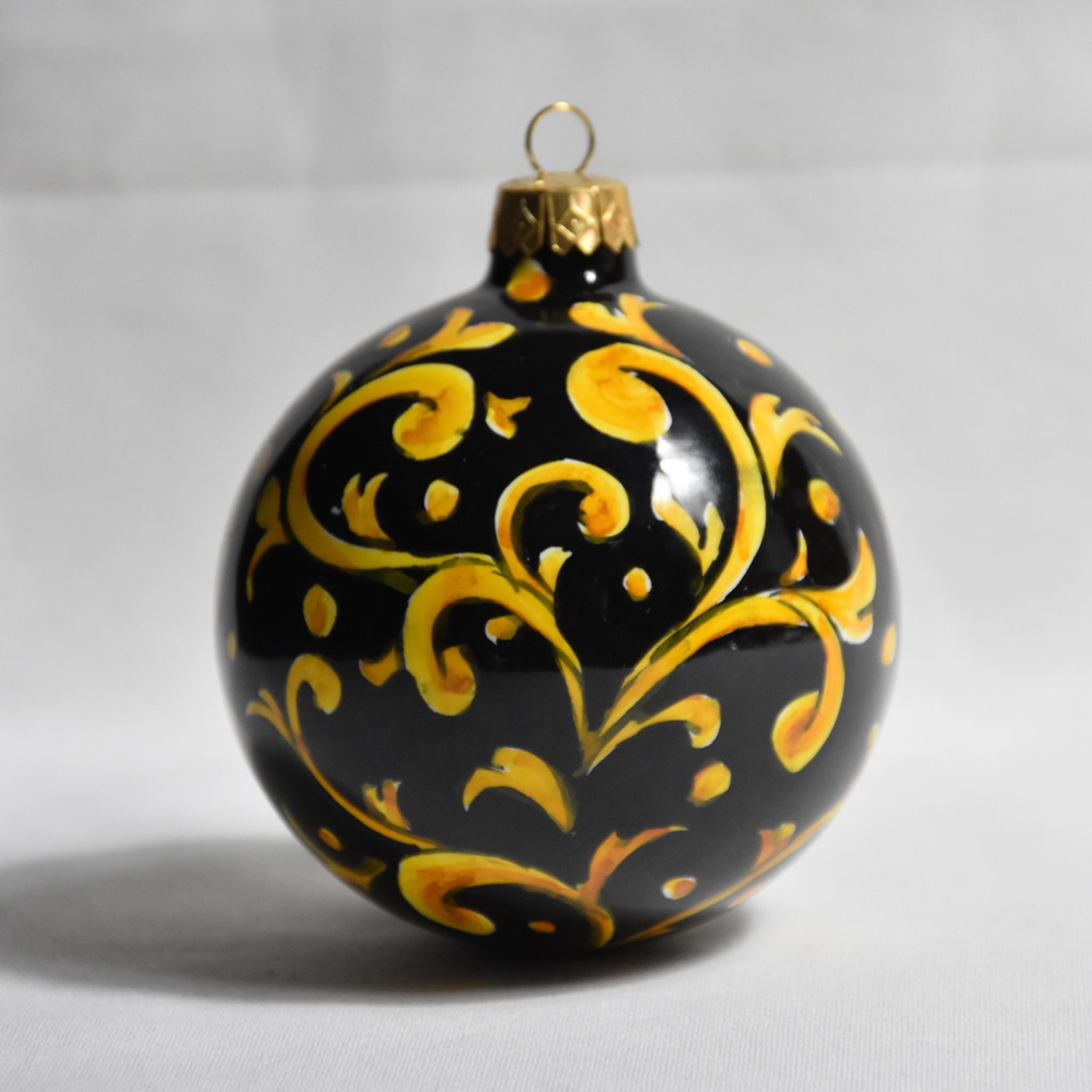 Yellow and Black Damask Christmas Ball Ornament  - Alternative view 1