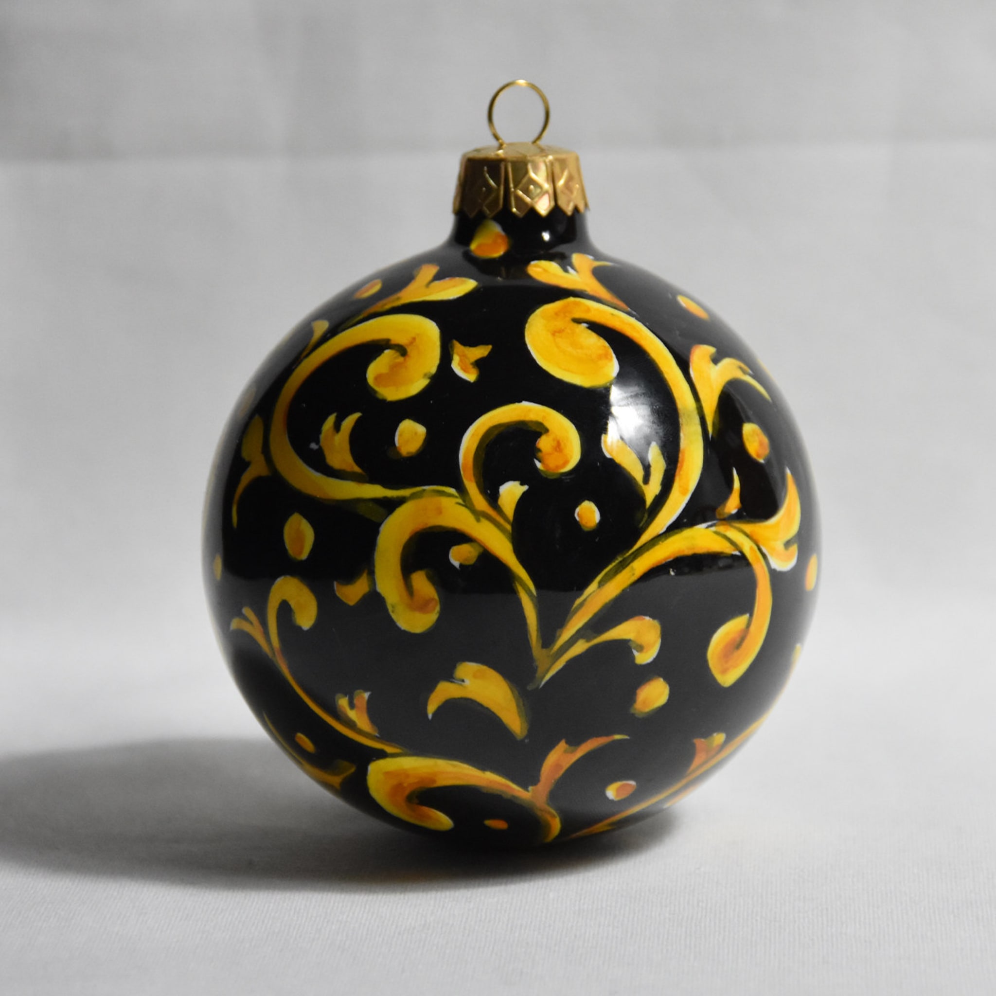 Yellow and Black Damask Christmas Ball Ornament  - Alternative view 2