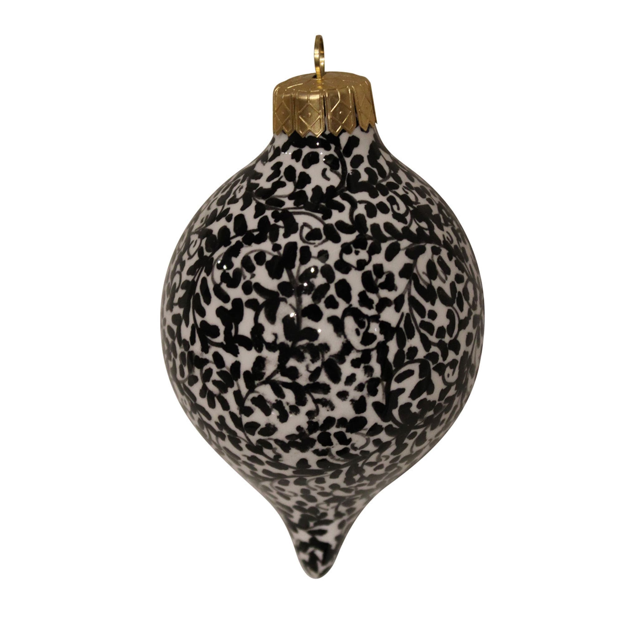 Ornamento a forma di palla di Natale a goccia floreale a puntini neri - Vista principale