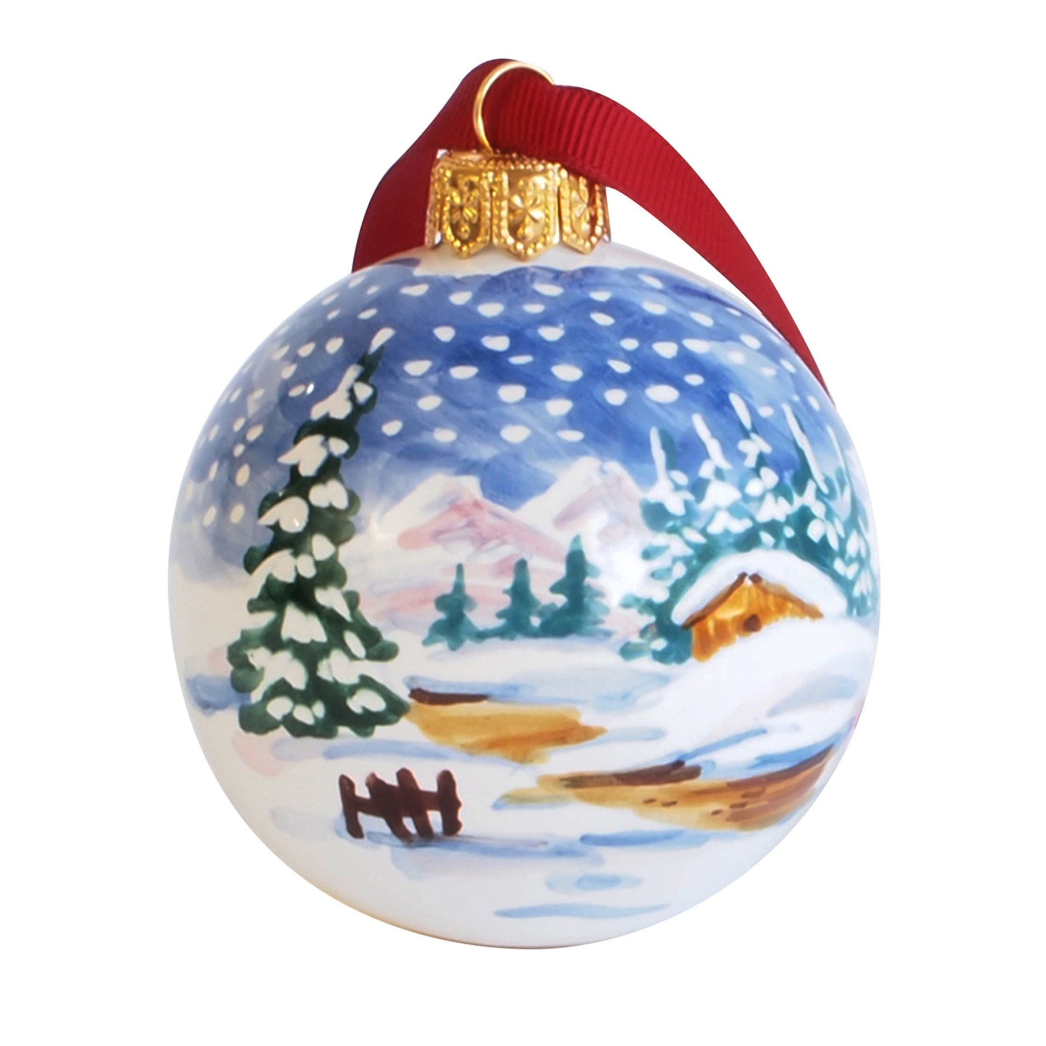 Ornamento a forma di palla di Natale blu invernale con nastro rosso - Vista principale