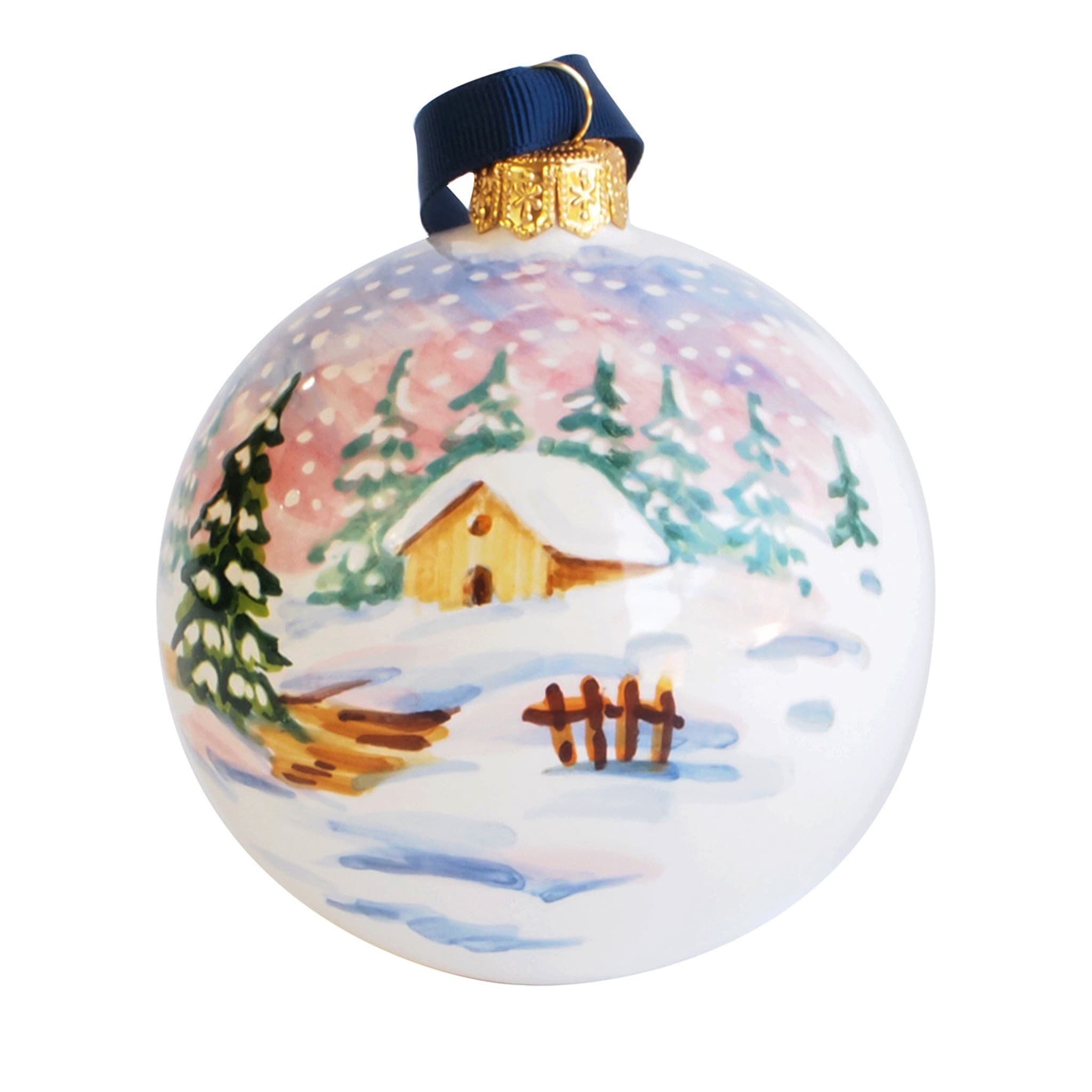 Ornamento a forma di palla di Natale invernale rosa con nastro blu - Vista principale