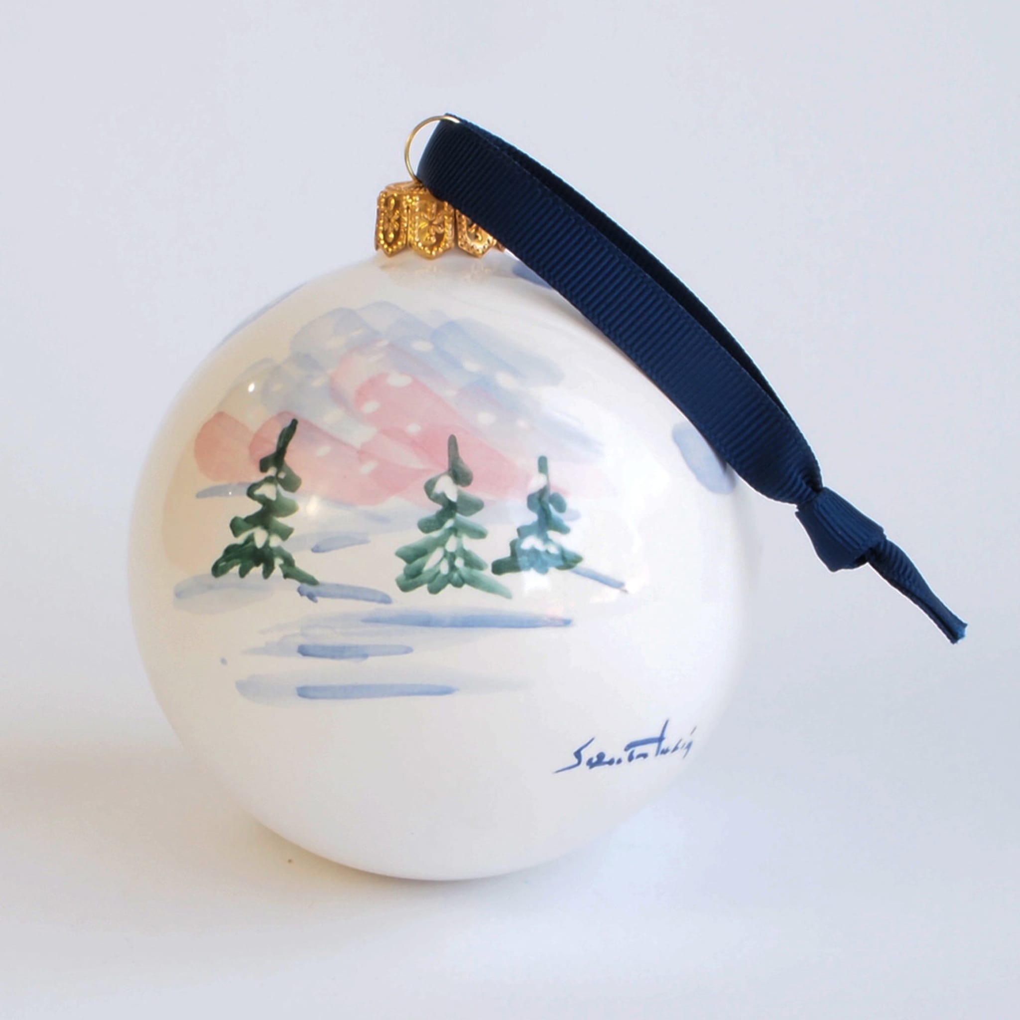 Pink Winter Christmas Ball Ornament with Blue Ribbon - Alternative view 1