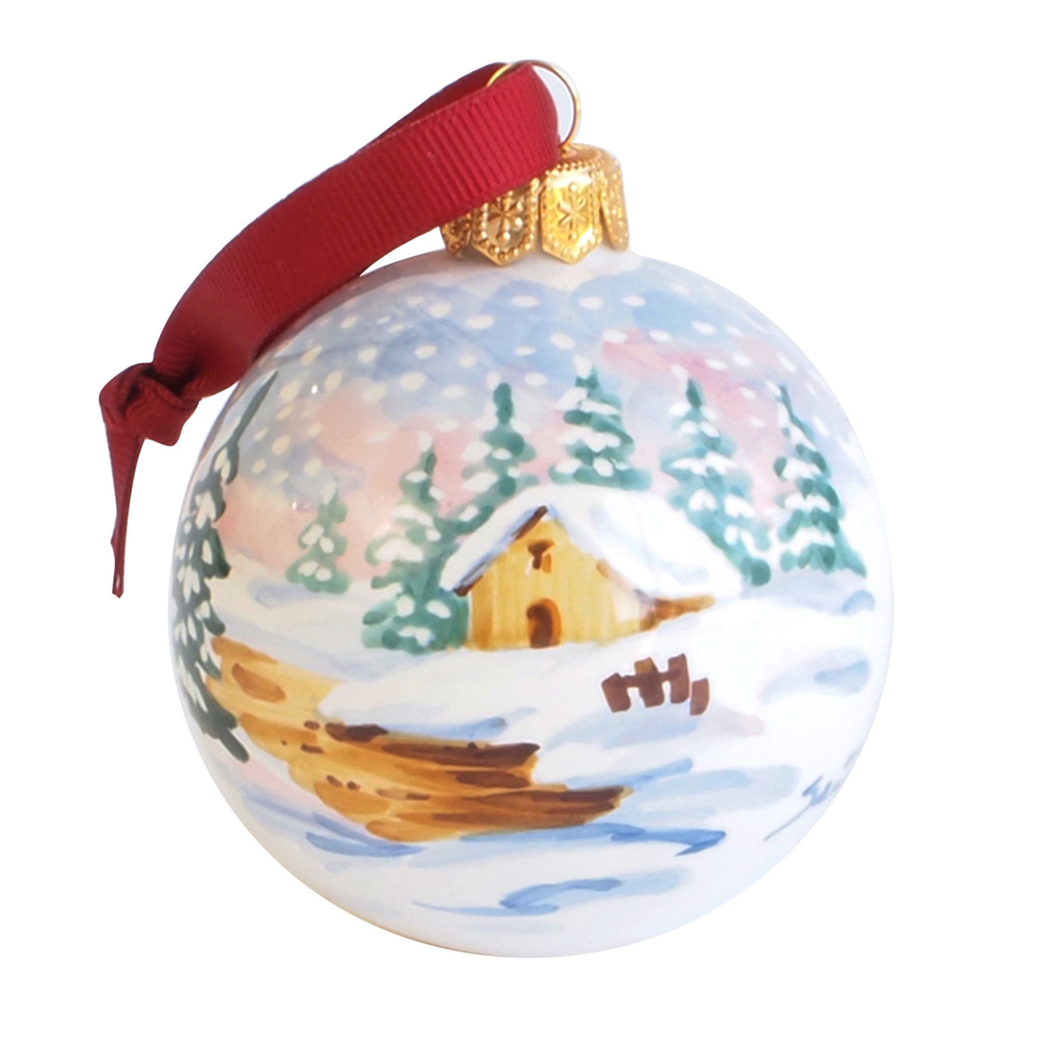 Pink Winter Christmas Ball Ornament with Red Ribbon - Main view