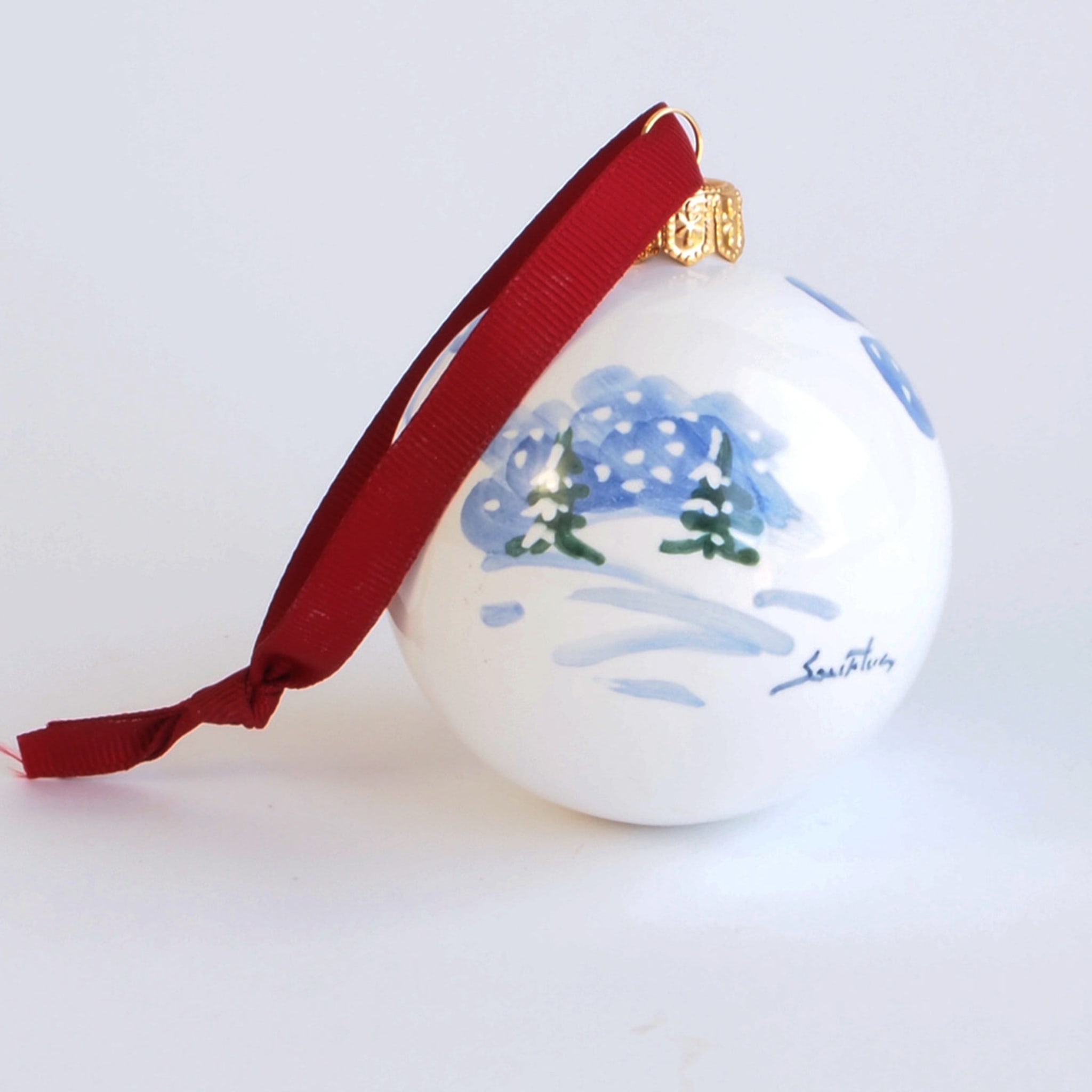 Pink Winter Christmas Ball Ornament with Red Ribbon - Alternative view 1