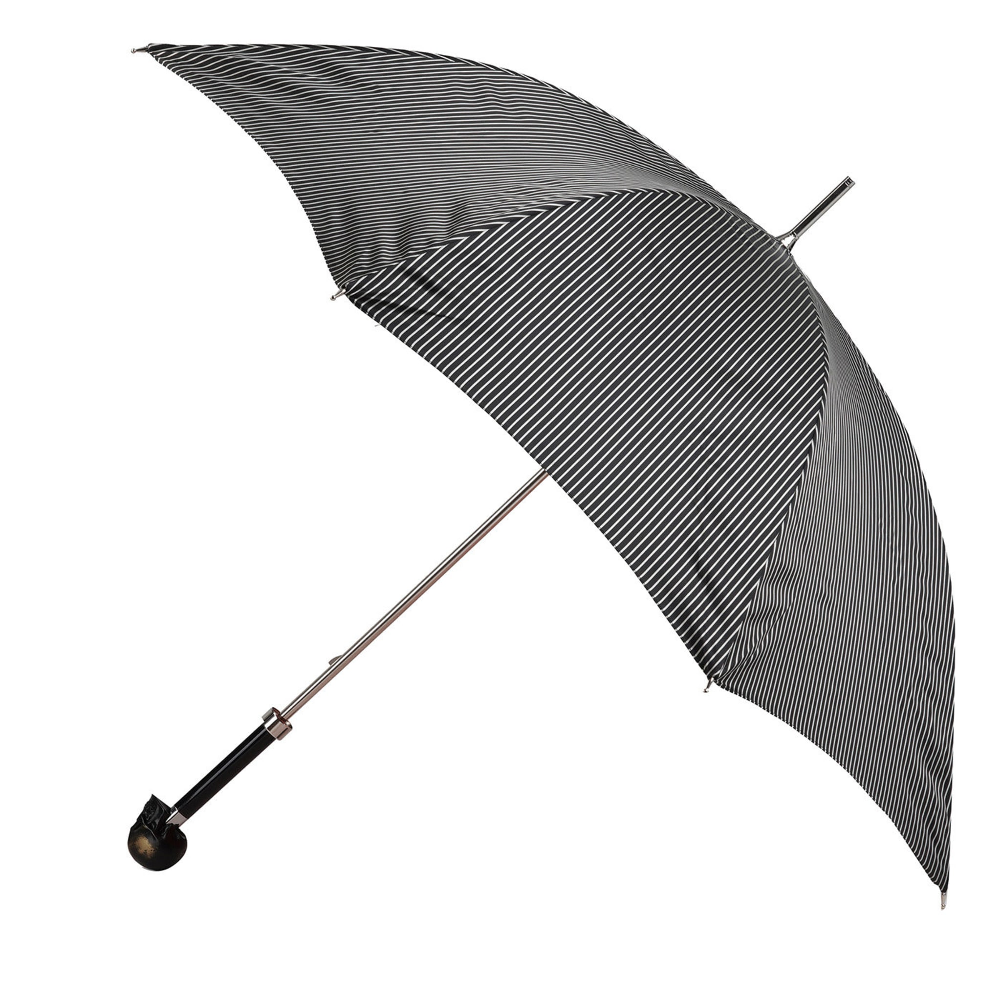 Schwarz-weiß gestreifter Regenschirm mit schwarzem Totenkopf-Griff - Hauptansicht