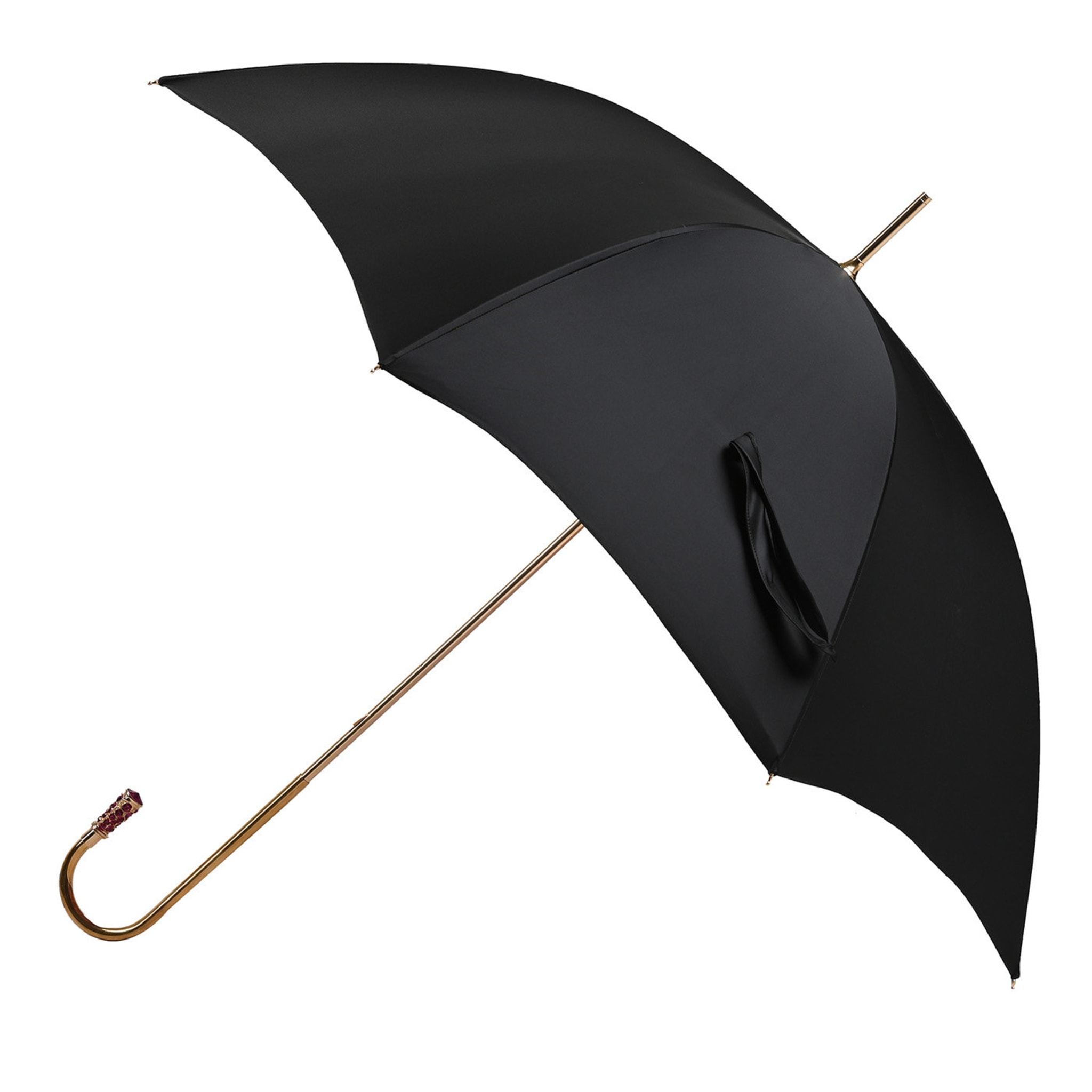 Schwarzer Regenschirm mit Pfirsichblüten-Print und juwelenbesetztem Griff - Hauptansicht