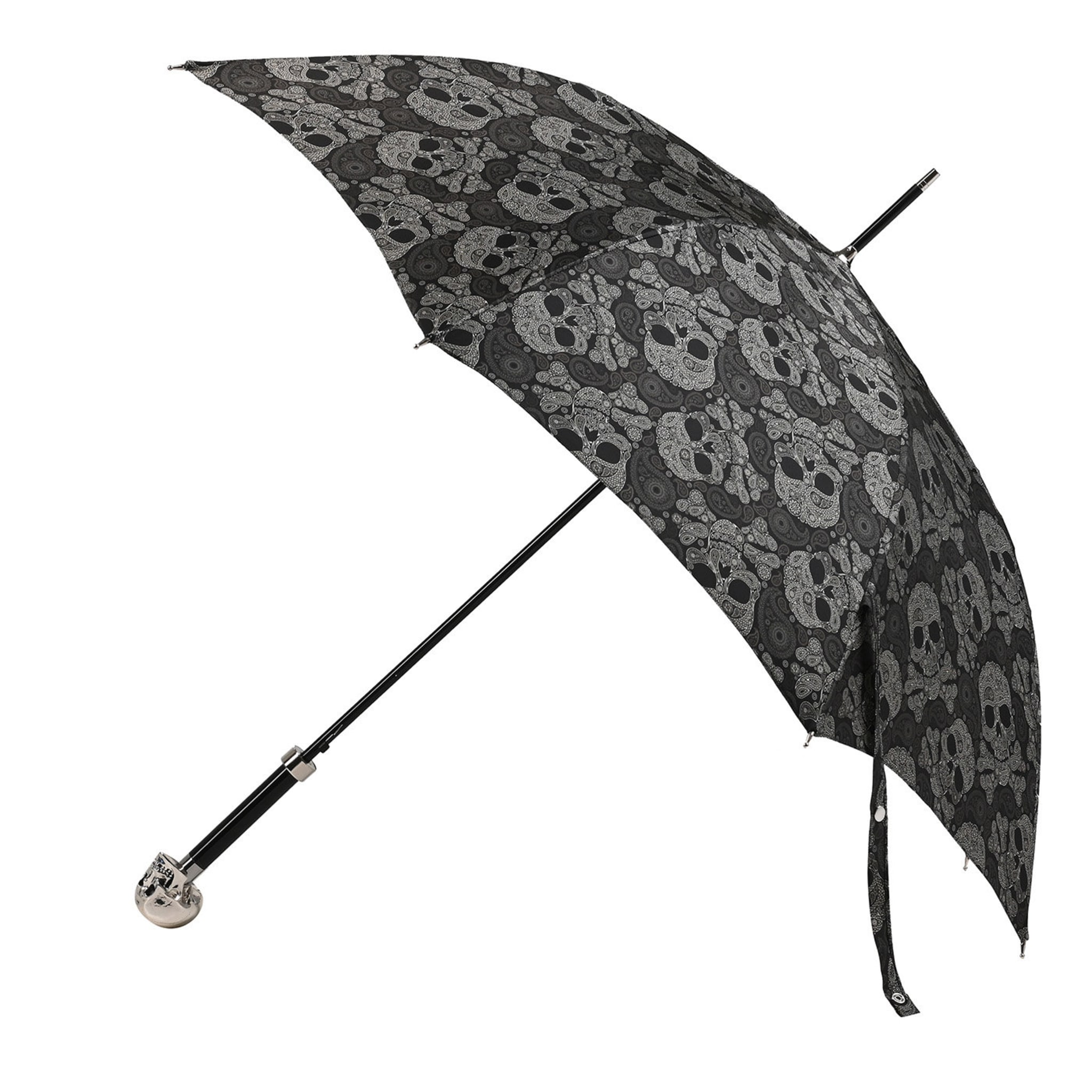Schwarzer Regenschirm mit Totenkopfdruck und silbernem Totenkopfgriff - Hauptansicht