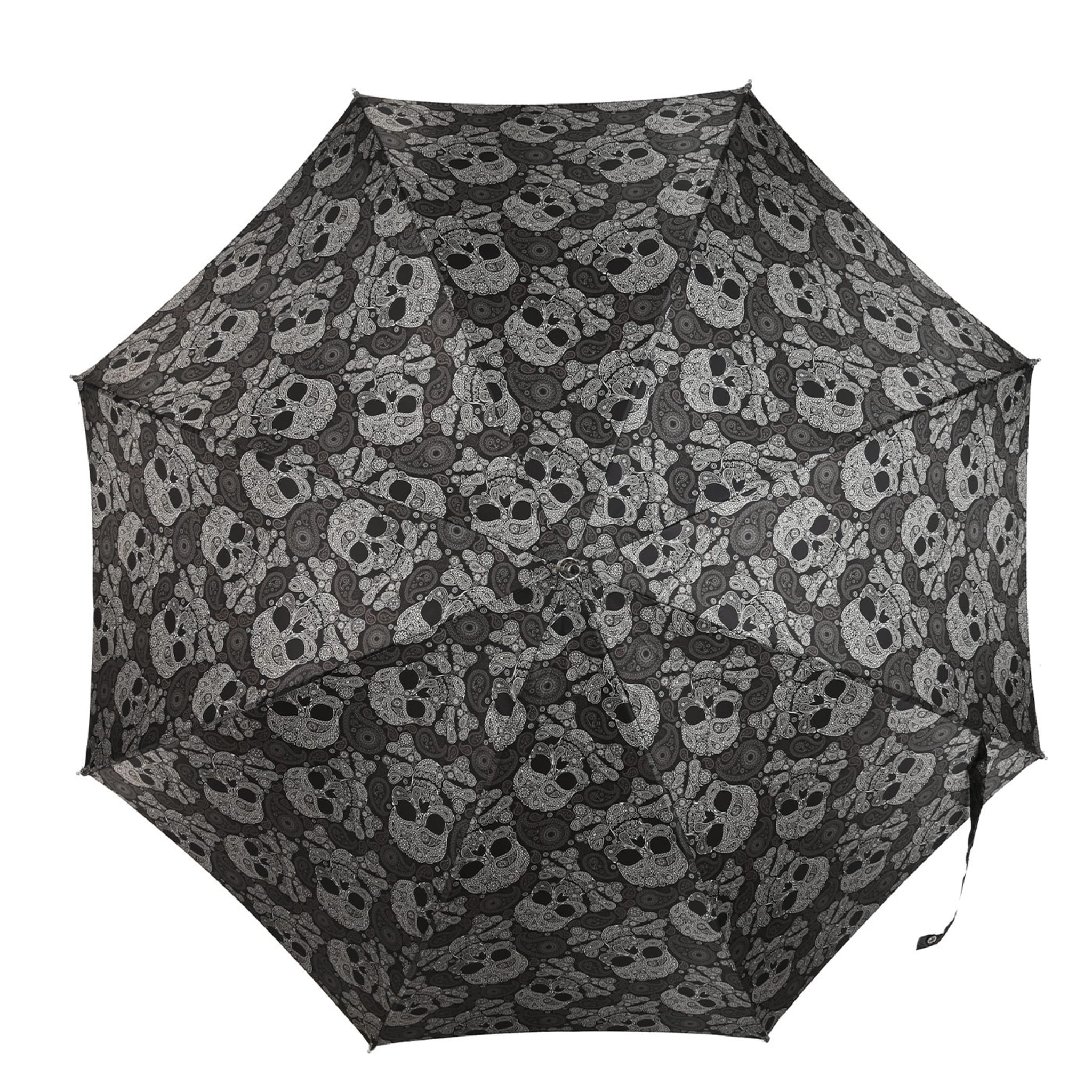 Schwarzer Regenschirm mit Totenkopfdruck und silbernem Totenkopfgriff - Alternative Ansicht 2
