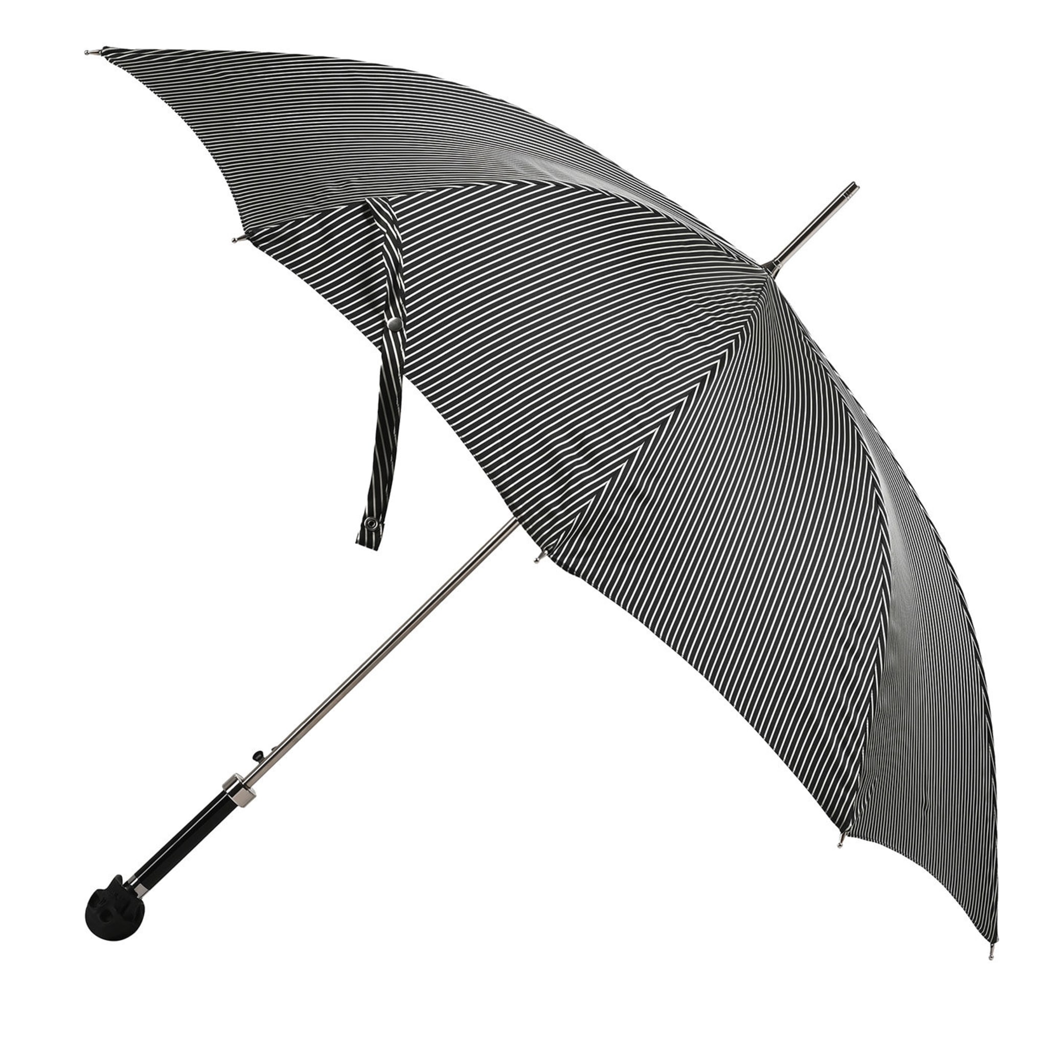 Schwarz-weiß gestreifter Regenschirm mit schwarzem Totenkopf-Griff - Hauptansicht