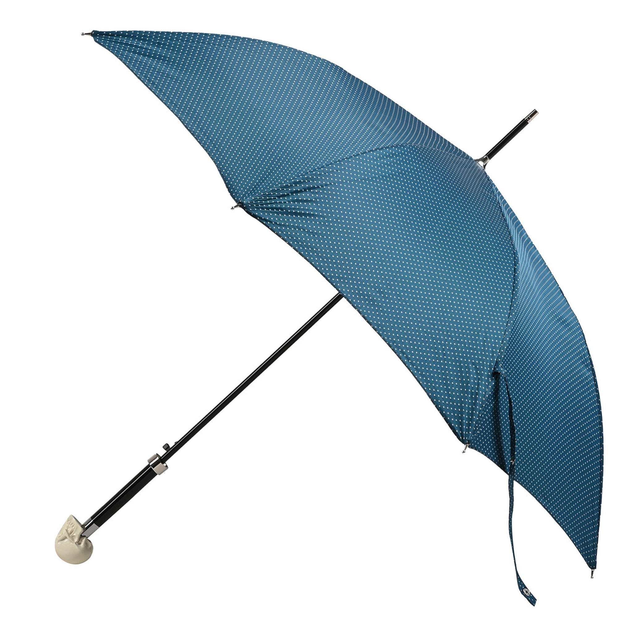 Blaugrüner und weiß gepunkteter Regenschirm mit fluoreszierendem Totenkopf-Griff - Hauptansicht